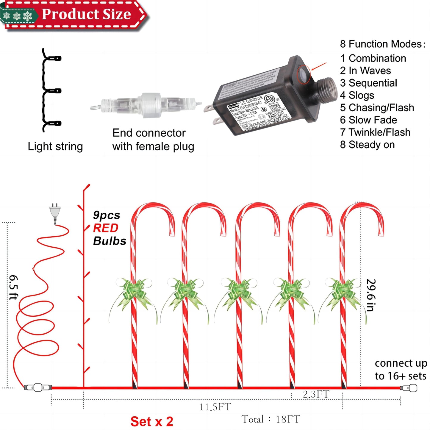 35" Candy Cane Lights - 20 Pack 8 Modes, 30V LED Candy Cane Lights Christmas Decor, Outdoor Christmas Decorations for Yard, Lawn, Garden and Pathway