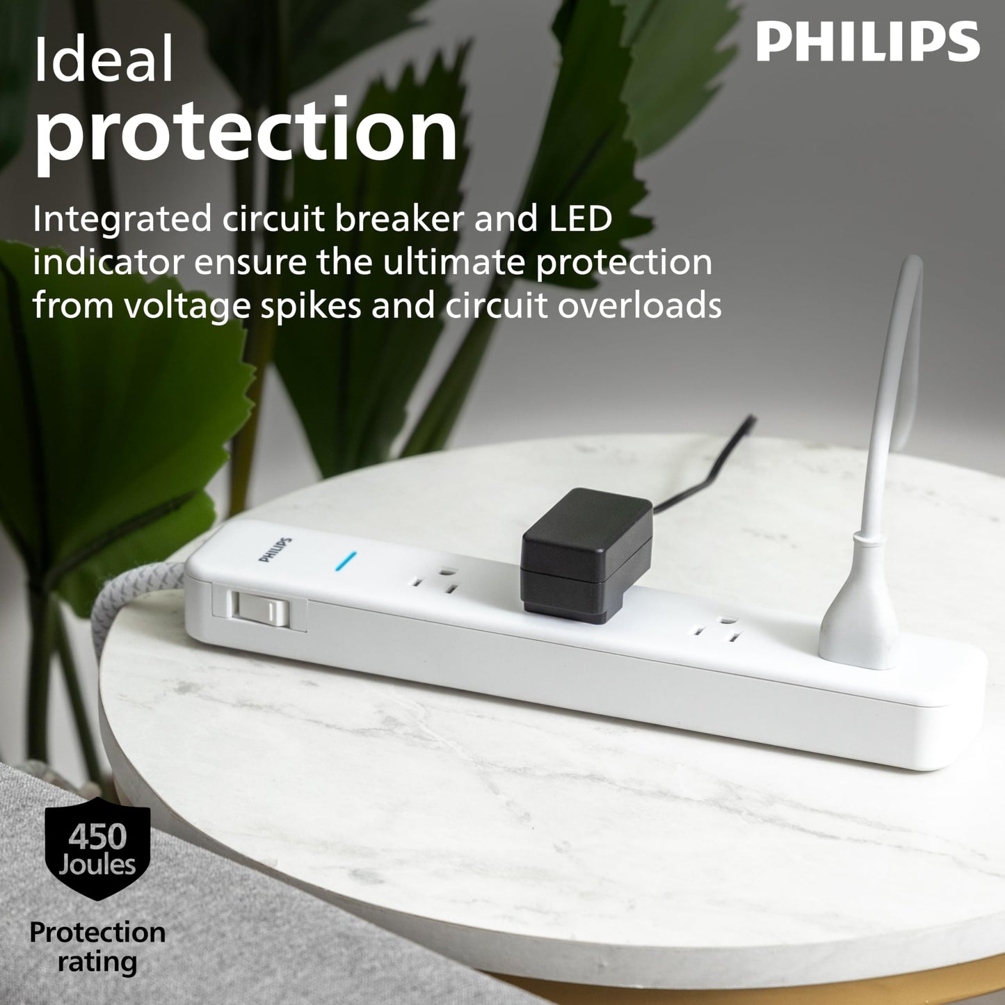 Philips 4-Outlet Surge Protector Power Strip, 4 Ft Braided Extension Cord, Multi Plug Outlet Extender, Adapter-Spaced, 450 Joules, White, SPP3563W/37