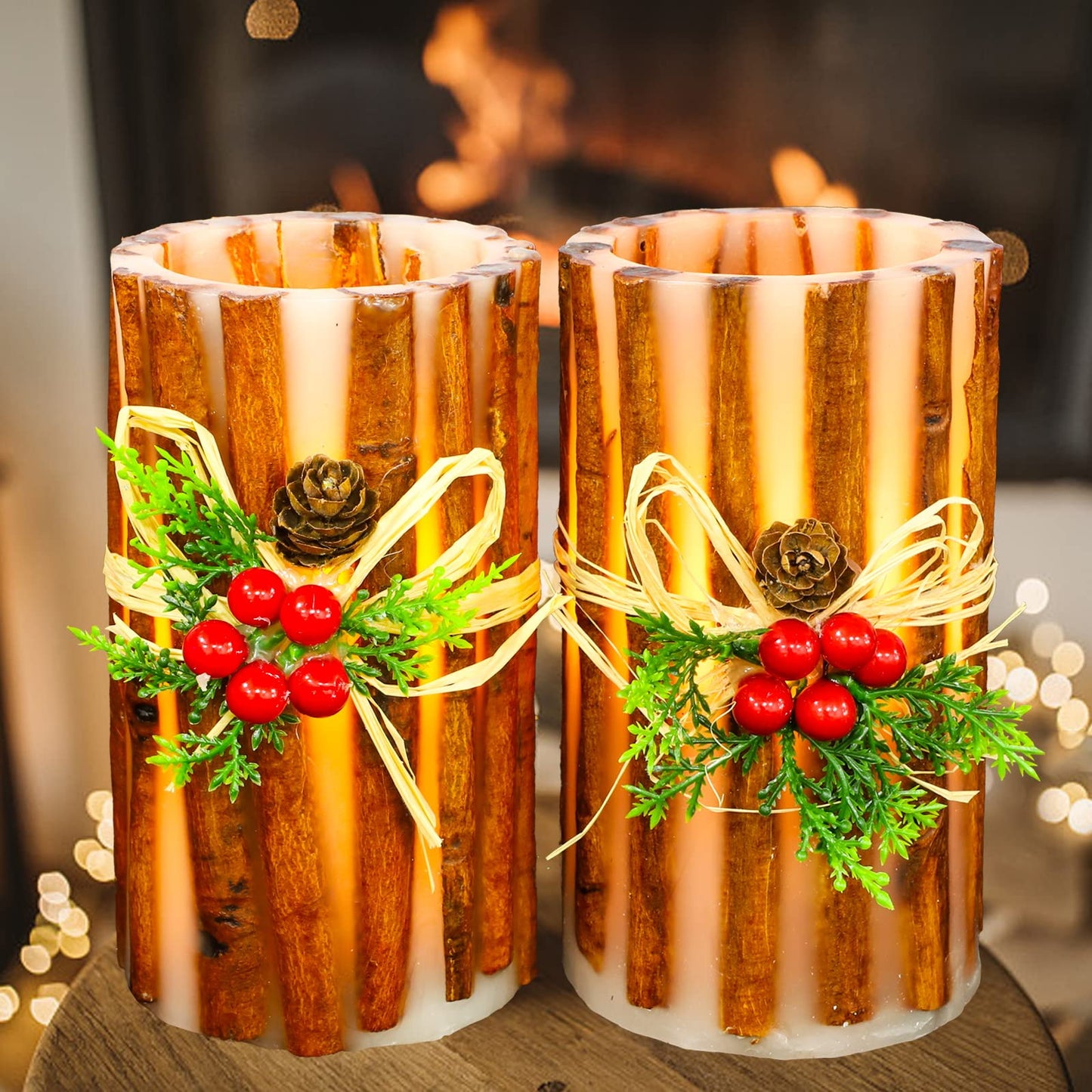 MELTONE Christmas Decorations Flameless Candles Embedded Cassia Bark LED Candles with Remote Real Wax Fake Candles for Home Party Holiday Xmas Decor