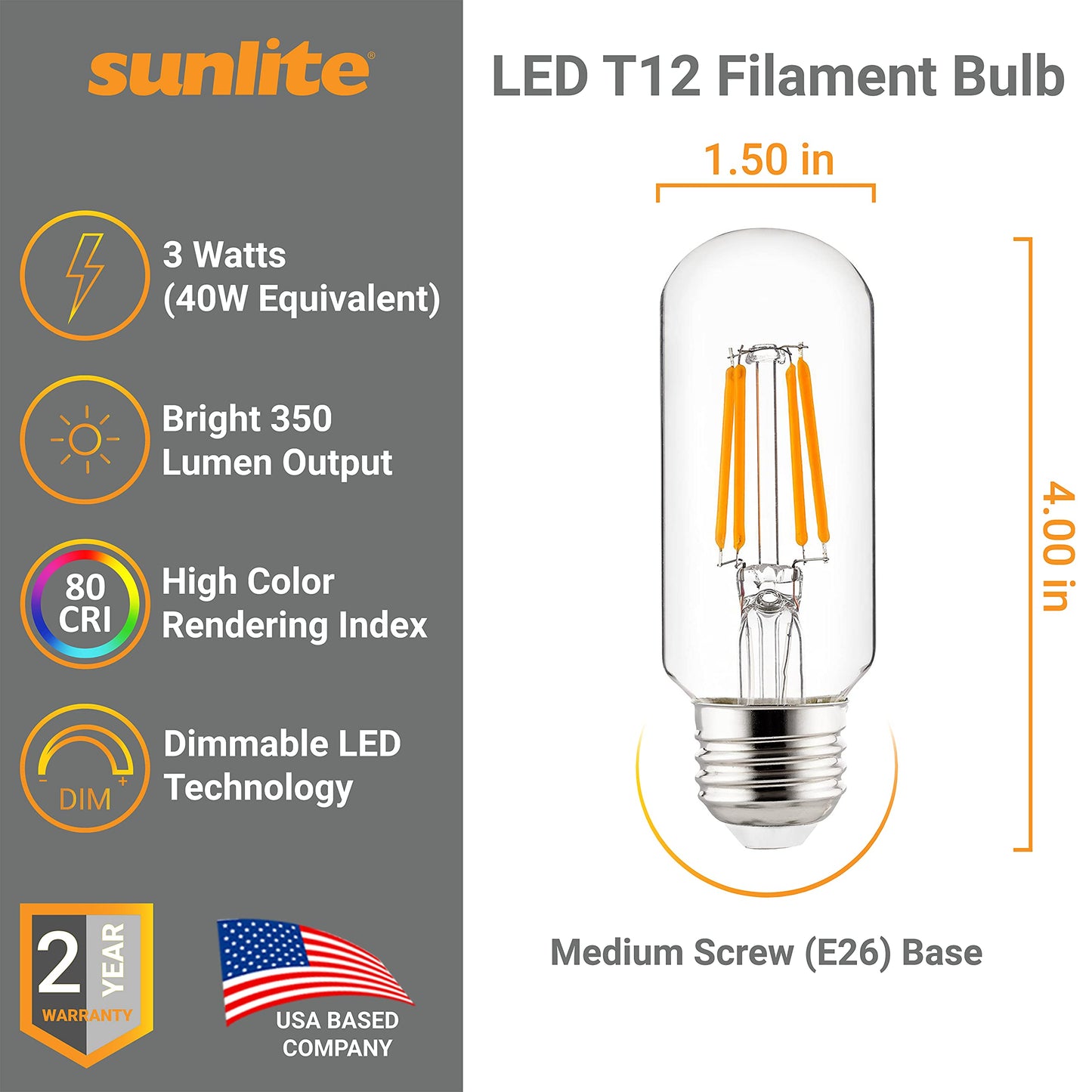 Sunlite LED Filament T12 Tubular Light Bulb, 3 Watts (40W Equivalent), 350 Lumens, ETL Listed, 100 mm, Medium E26 Base, Dimmable, 2700K Soft White, 1