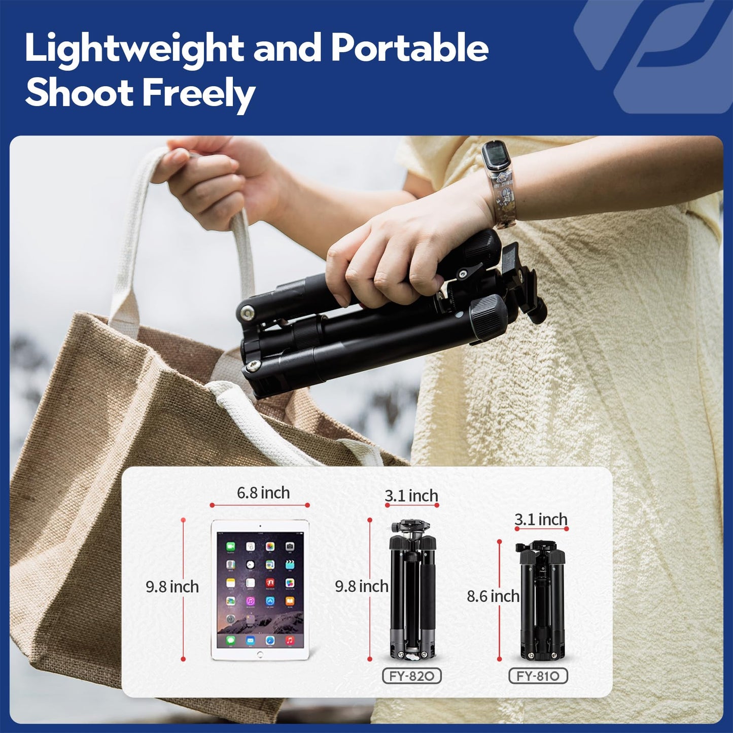 Fotopro Mini Tripod, 60" Lightweight Compact Travel Tripod with 360 Degree Ball Head Phone Mount Detachable Selfie Stick, Camera Phone Tripod Max Load