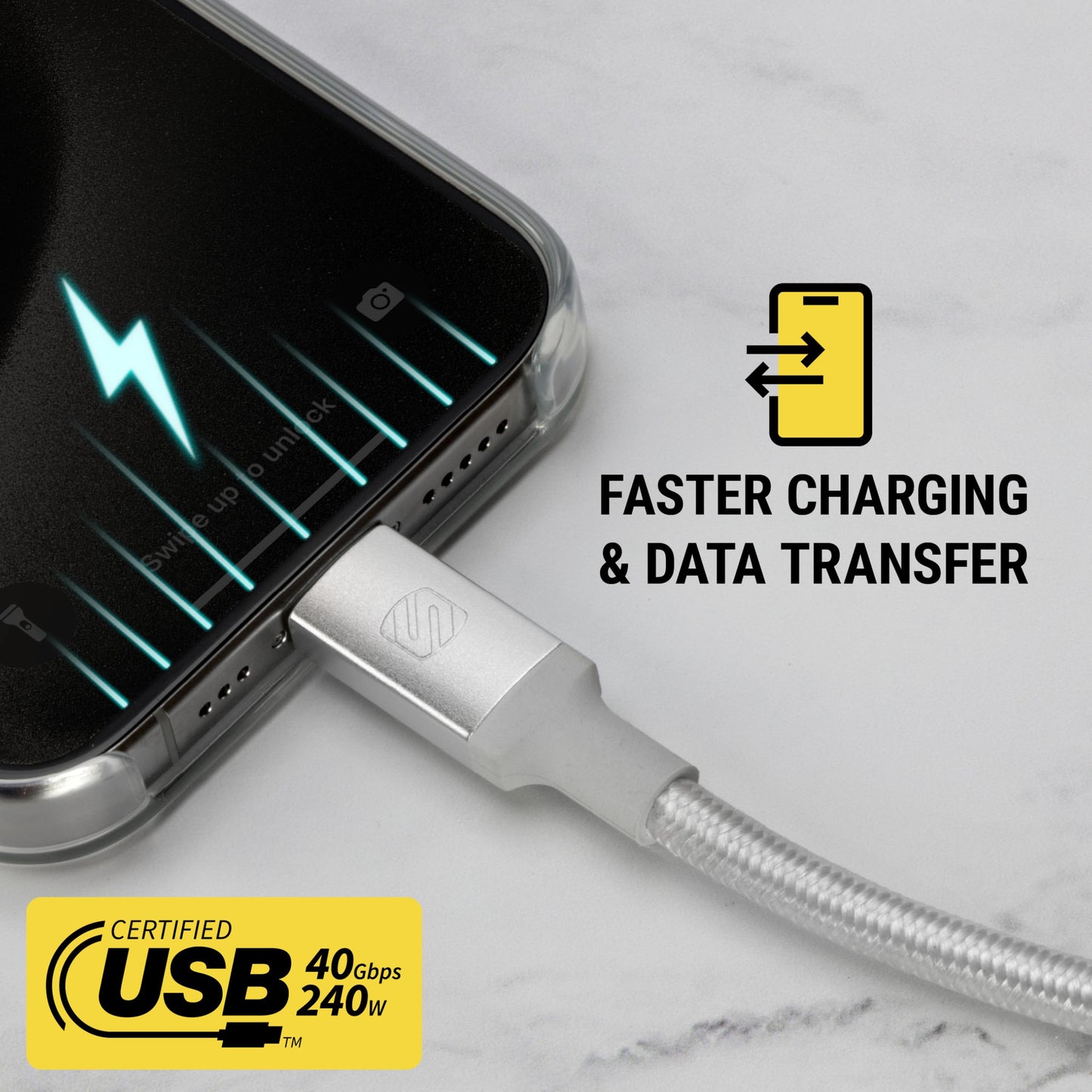 Scosche CC4B4WT StrikeLine USB4, 4FT USB-C to USB-C Charging Cable with 240W Fast Charging and 40Gbps Data Transfer, Cord Compatible with Thunderbolt…