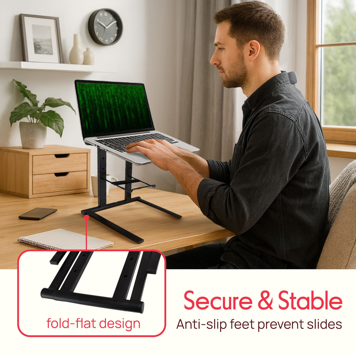 Pyle Portable Folding Laptop Stand - Foldable Laptop Stand with Adjustable Height, Secondary Accessory Tray for iPad, Tablet, DJ Mixer, Workstation
