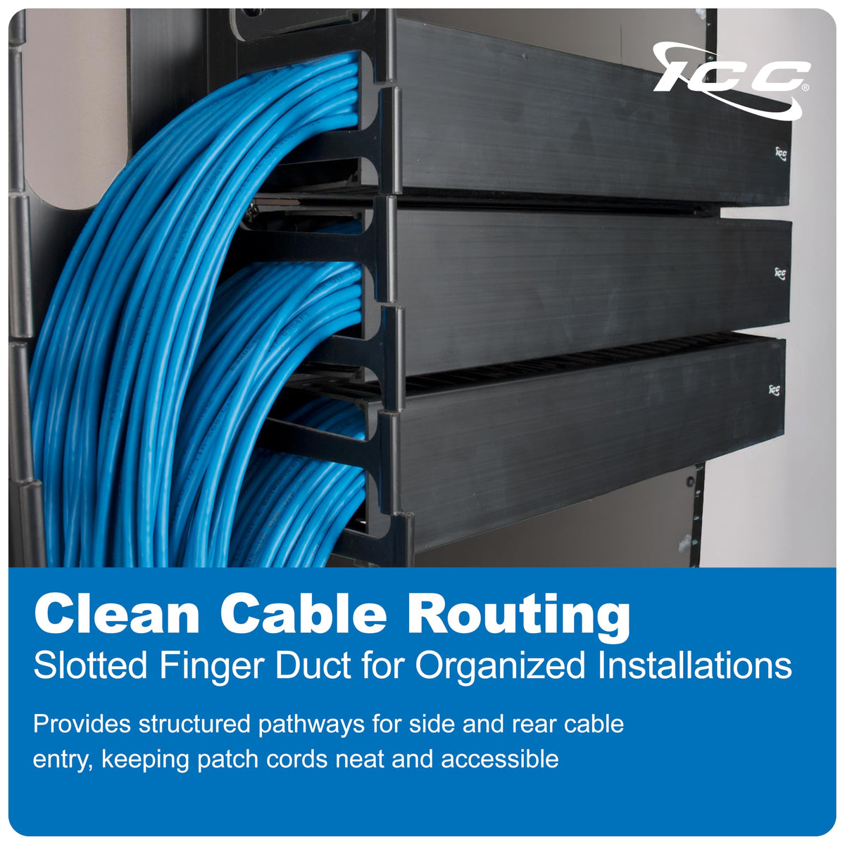 ICC 2U Finger Duct Cable Manager with Cover, 3-Inch Depth, Black, 1-Pack