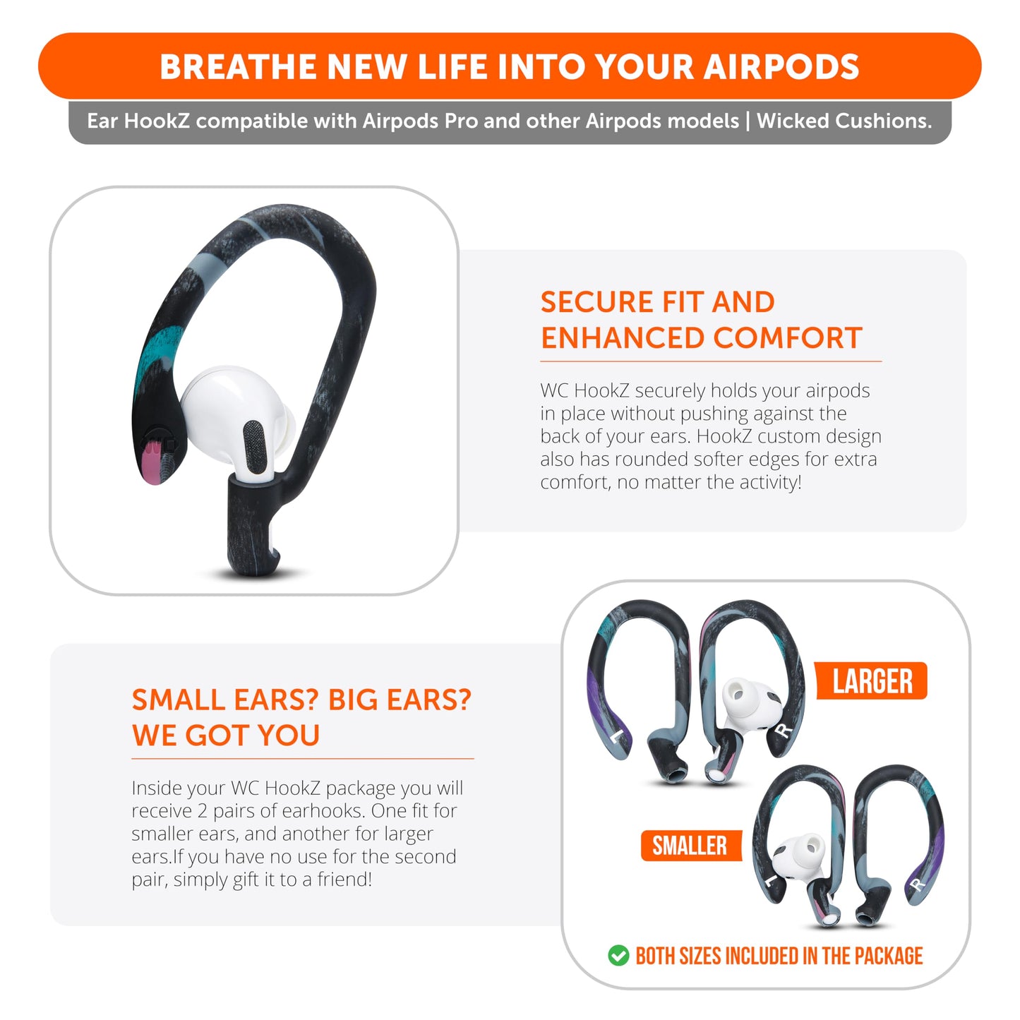 WC HookZ - Patented Upgraded Over Ear Hooks for AirPods Pro 1, 2 & AirPods 1, 2 & 3- Two Size Pairs Included in Package, Unique Left & Right Hook