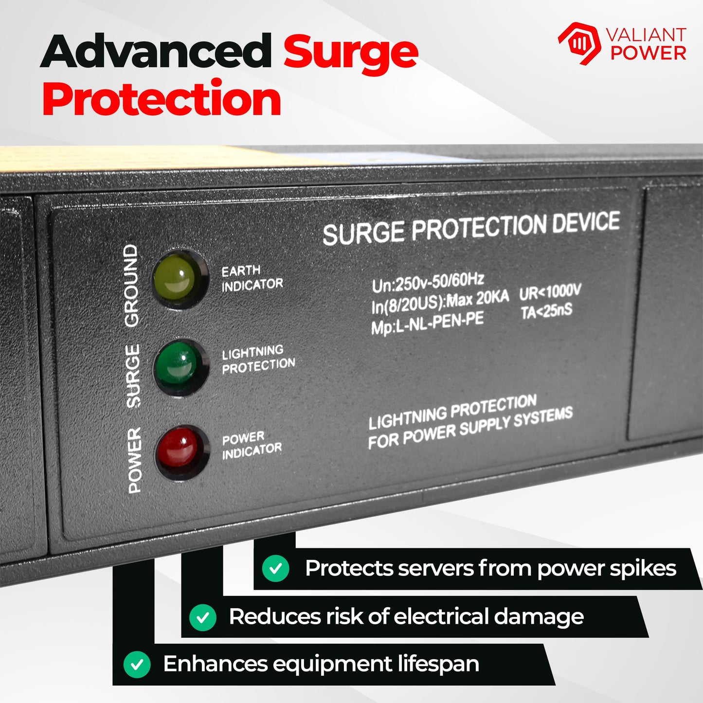 Valiant Power Rack Mount Power Strip - 240V 30A Single Phase PDU with Built-in Surge Protector, Volt & Amp Meter for Data Center - 19” Metal Housing