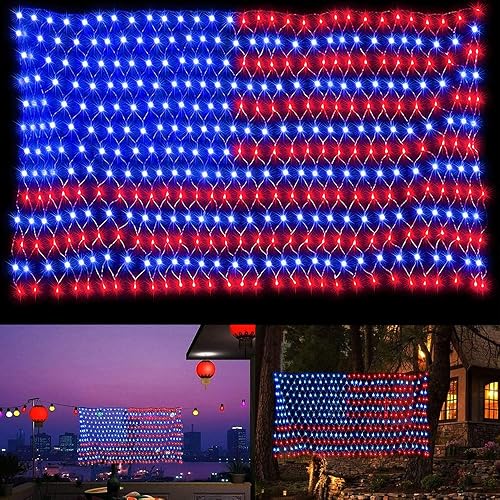 MINIAO American Flag Lights, 420 Super Bright Lighted American Flag Net Light Waterproof US Flags String Light for Independence Day July 4th