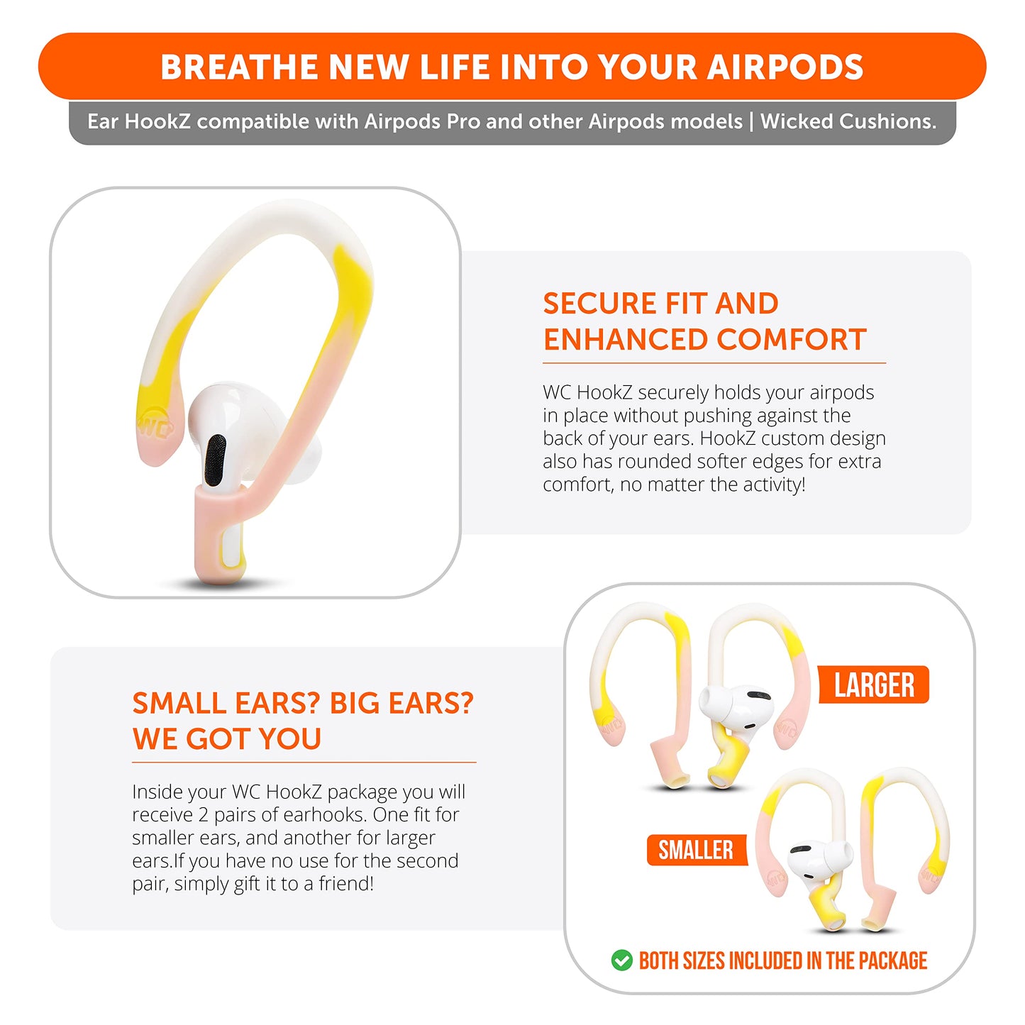 WC HookZ - Patented Upgraded Over Ear Hooks for AirPods Pro 1, 2 & AirPods 1, 2 & 3- Two Size Pairs Included in Package, Unique Left & Right Hook