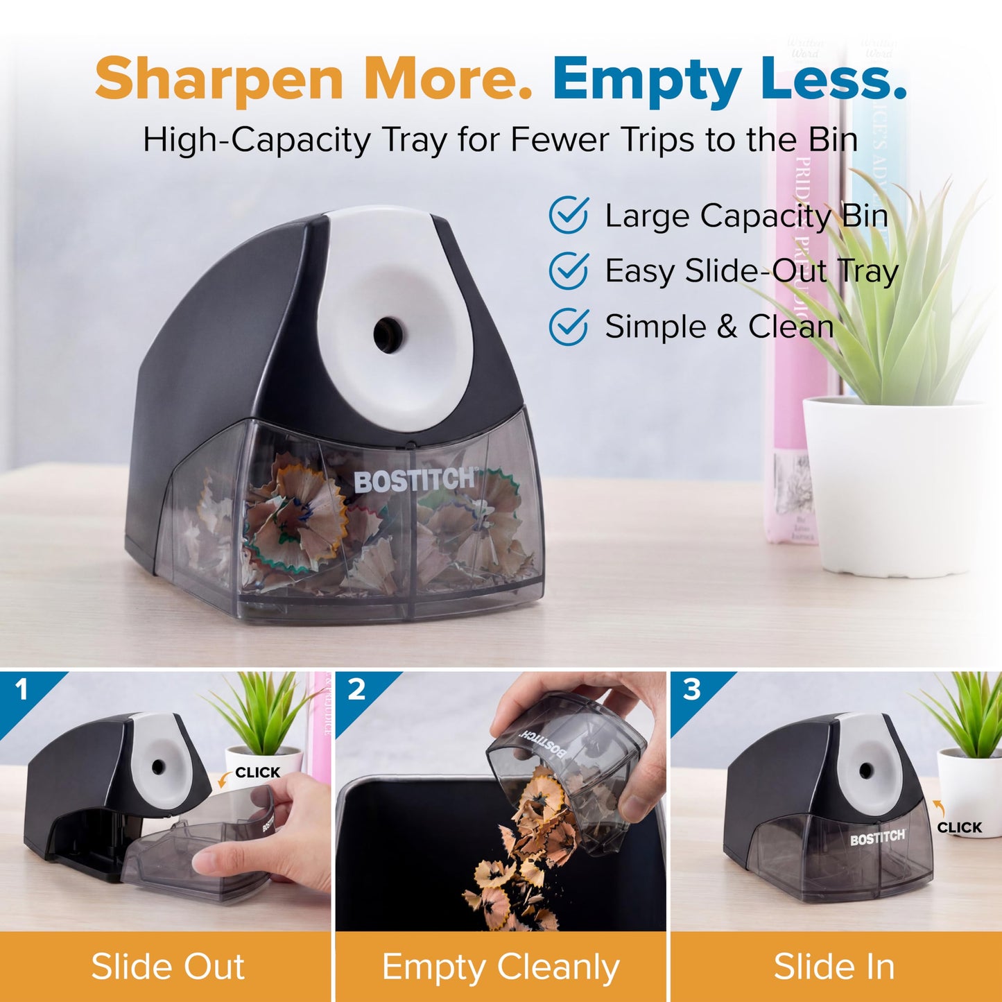Bostitch Office Electric Pencil Sharpener for Classroom & Desk Use, Heavy-Duty Stall-Free Motor, High-Capacity Shavings Tray, Black