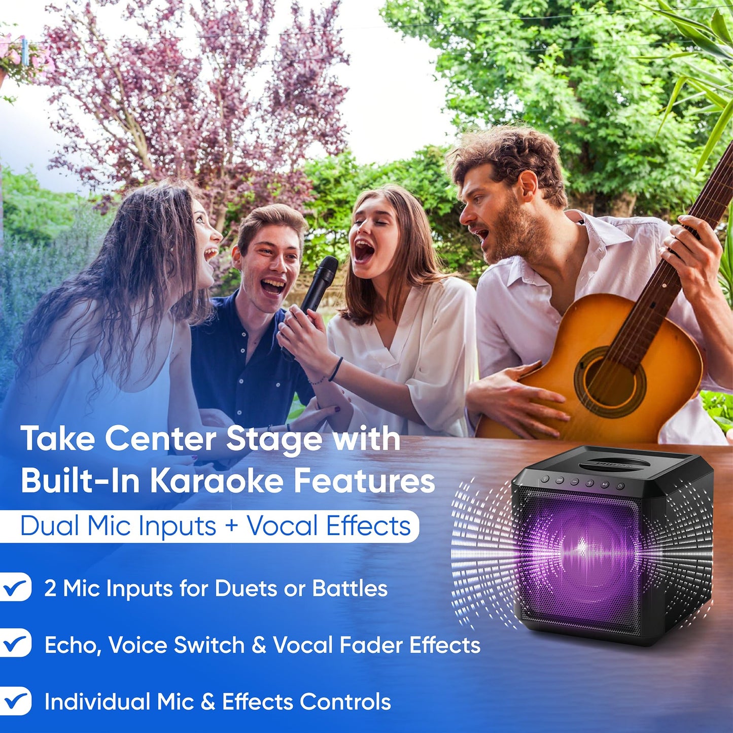 Philips X4207 Bluetooth Party Speaker,100W Wireless Cube Speaker with Powerful Sound and Deep Bass, Supports USB/AUX/TWS, Mic Input and Vibrant Party