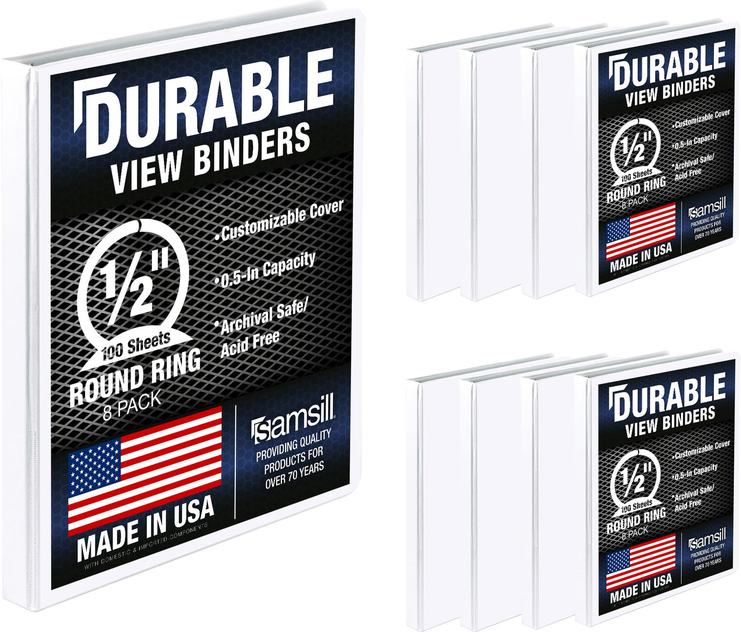 Samsill 8 Pack Durable 0.5 Inch 3 Ring Binders, Round Ring, Clear View Cover for Presentations, White