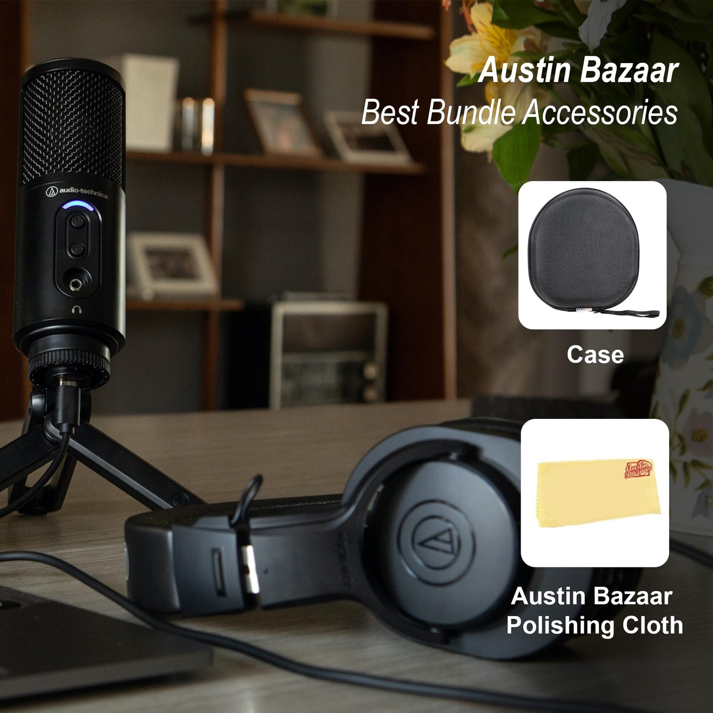 Audio-Technica ATH-M20x Professional Monitor Headphones - Black Bundle with Case and Austin Bazaar Polishing Cloth