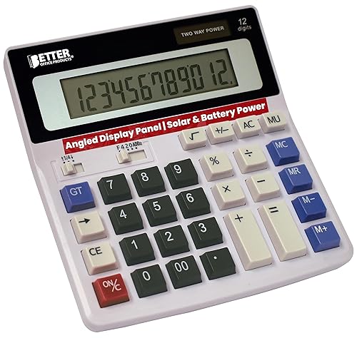 Better Office Products Extra Large Electronic Desktop Calculator, 12-Digit LCD Display, Angled Display Panel, 4 Function Memory Keys, Light Gray, Dual