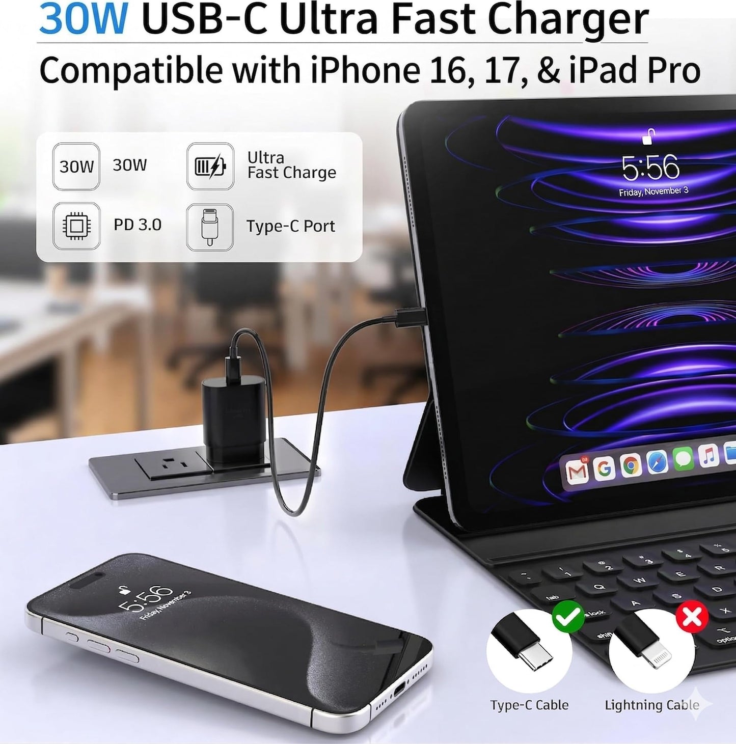 TT&C USB C Block 30W PD Super Fast Charger Type C Plug Cube Wall Adapter Power Brick Compatible with iPhone 17, 17e, 17 Pro Max, 16, 16e, 15, 14, 13