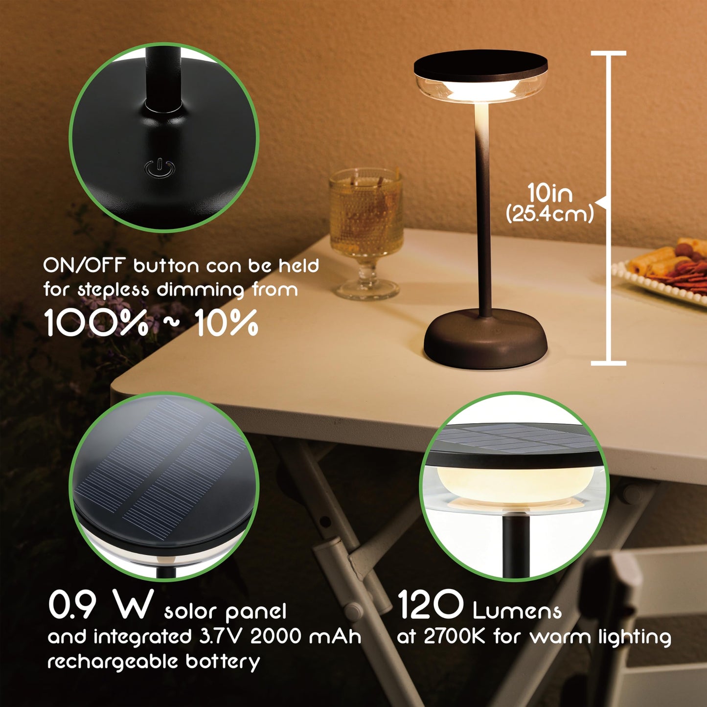 VerLuce Cocktail Style Solar Table Lamp - Cordless LED Light with USB-C Charging, Dimmable Warm 2700K Glow, Weather Resistant for Indoor/Outdoor Use