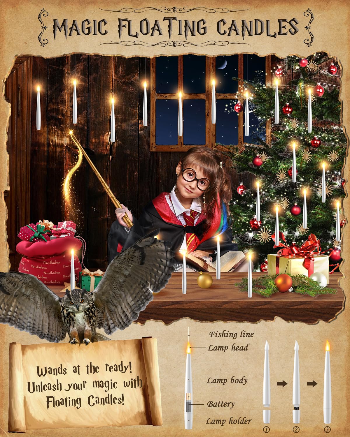 TLPUHU Floating Candles with Wand - 18 Pcs Christmas Decorations Magic Flameless Candles Flickering Warm Light Battery Operated LED Hanging Candles