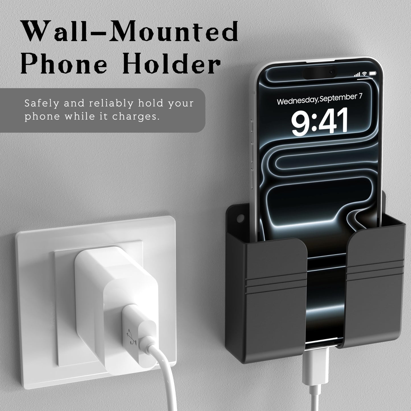HZZADZXW Wall Mounted Phone Holder with Adhesive, No-Drill Phone Stand for Charging, Built-in Cable Slot, Phone Holder for Bathroom, Bedroom, Kitchen