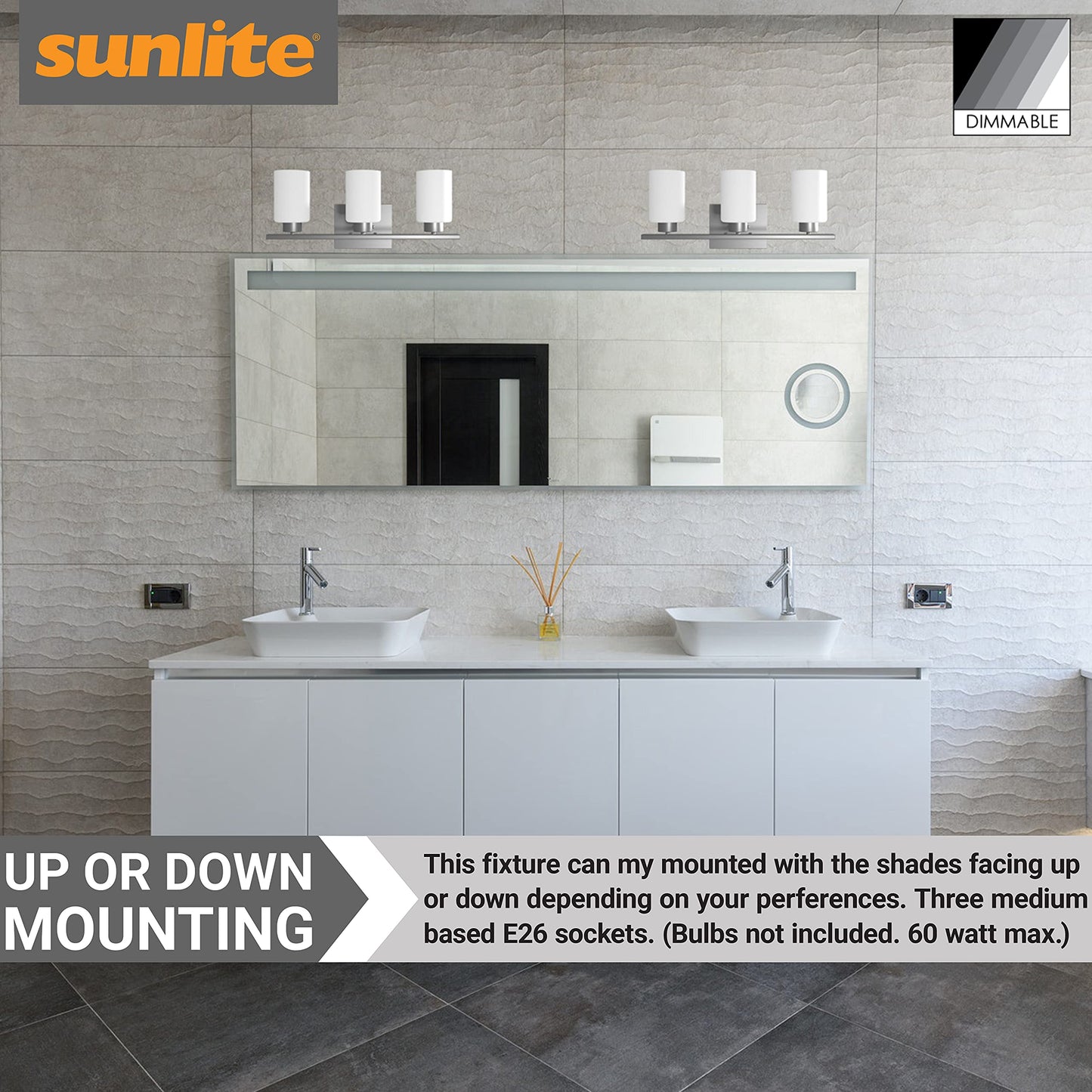 Sunlite 81321-SU 22" Modern Cylinder Vanity Light Fixture, Wall Mount, Medium (E26) Socket, Standard A19 Bulb Required (60W Max), Frosted Glass Shade