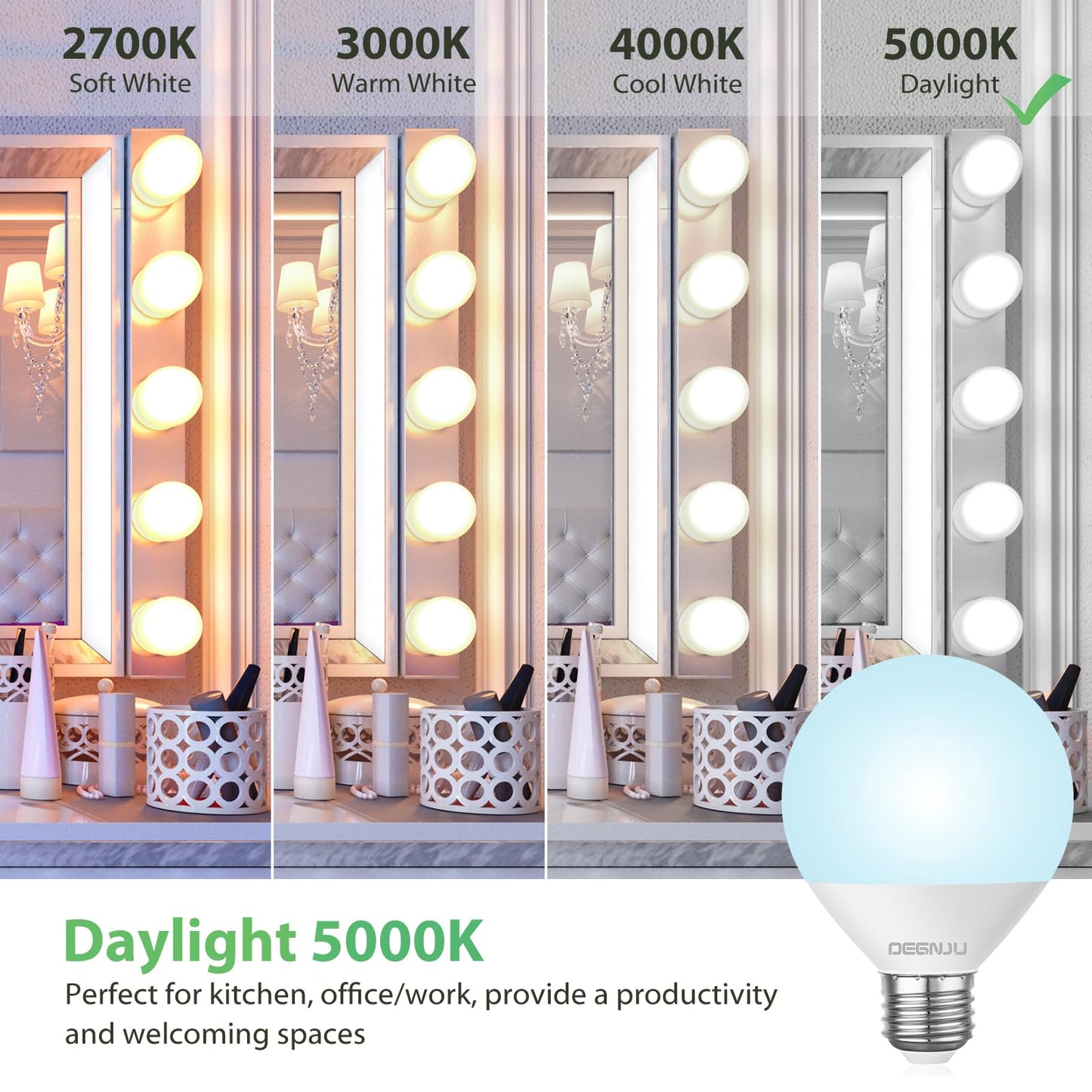 DEGNJU LED Vanity Light Bulbs, 60W Equivalent, Bathroom Light Bulbs 5000K Daylight White, 800 Lumens, G25 Globe Bulb for Makeup Mirror, Round Shape