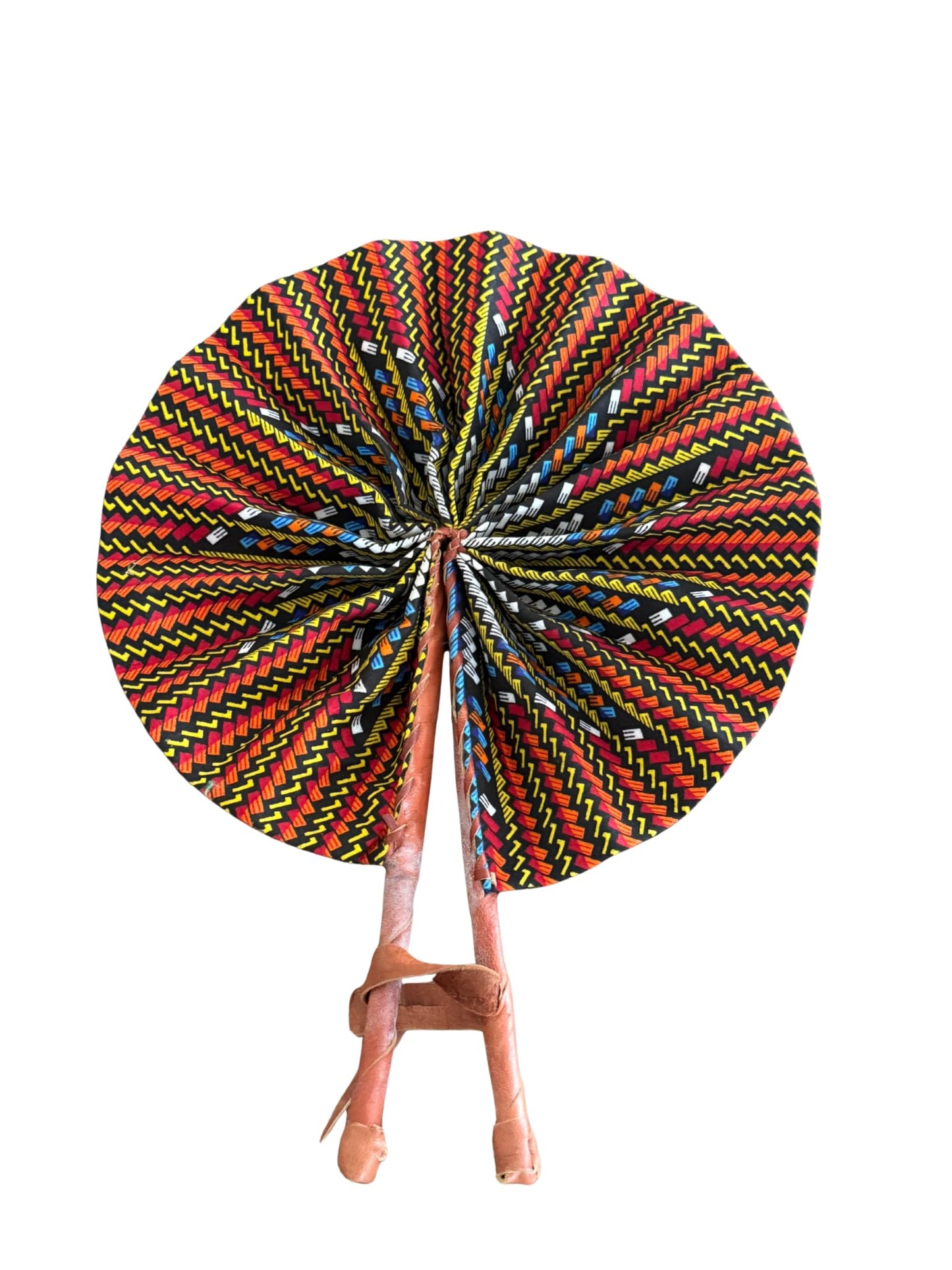 GhanaStuff Handmade African Ankara Fabric Handheld Portable Fan, Genuine Leather Handle, Made in Ghana (fifi)