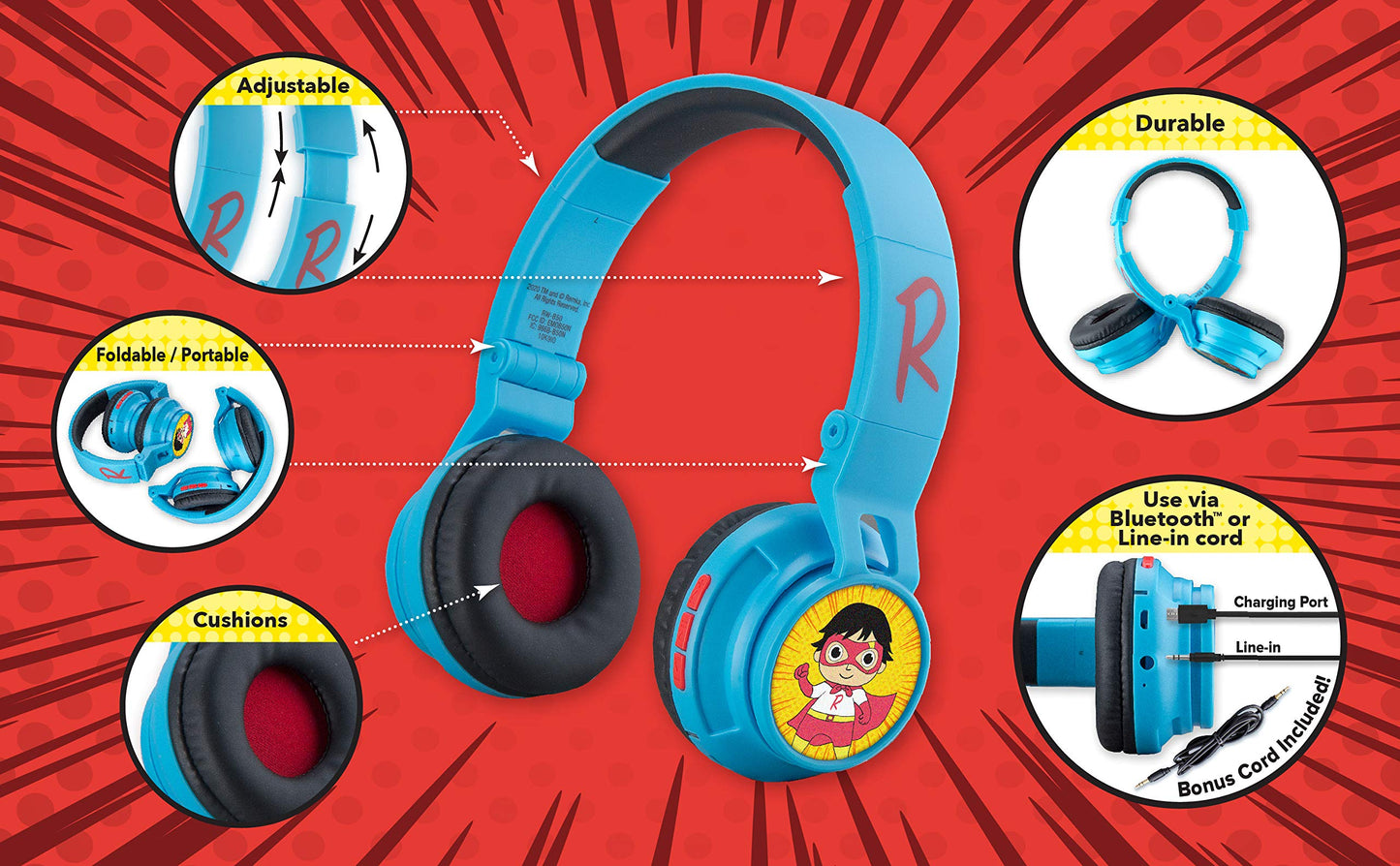 eKids Ryans World Kids Bluetooth Head Phones, Wireless Headphones with Microphone Includes Aux Cord, Volume Reduced Kids Foldable Headphones