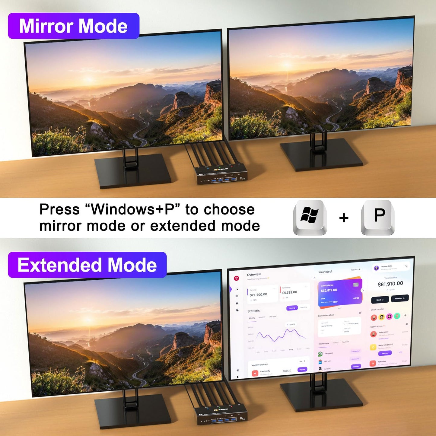 KCEVE KVM Switch 2 Monitors 3 Computers Displayport, USB 3.0 KVM Switch 3 Computer Sharing 2 Monitor and 4 USB 3.0 Devices, 4K@144Hz, Wired Remote(4K