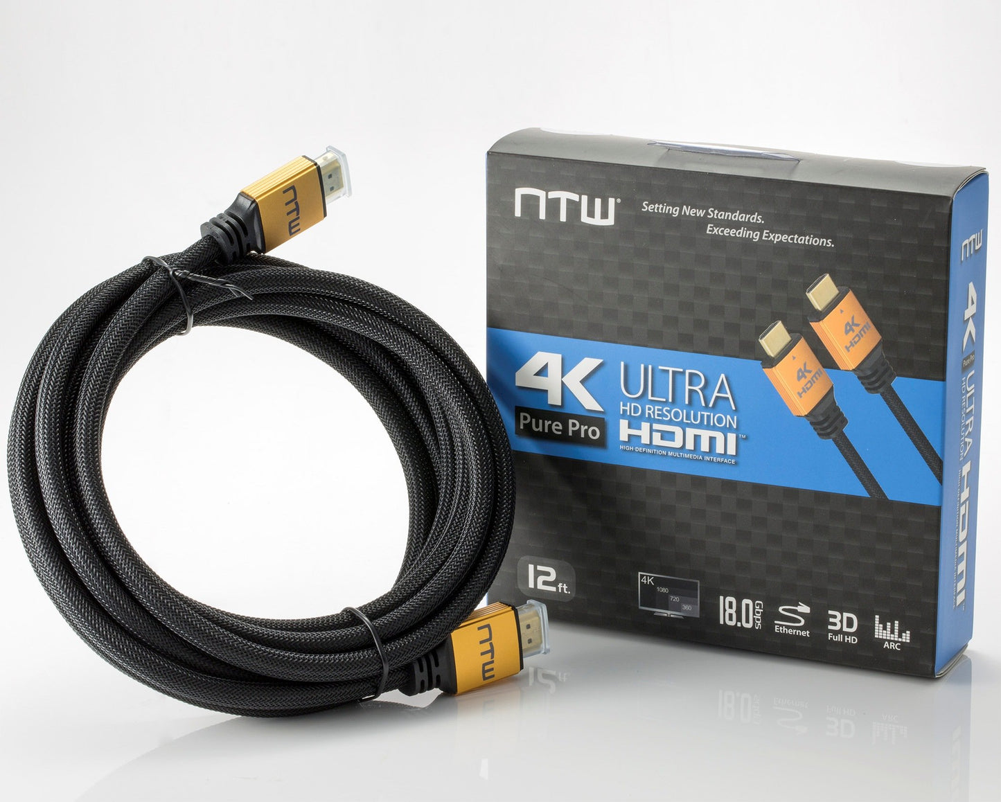 NTW PURE PRO 4K HDMI Cable 12FT High Speed 18Gbps HDMI 2.0 Cable, 4K HDR, Ultra HD Cable 3D, 2160P, 1080P, Ethernet, Audio Return(ARC), Compatible