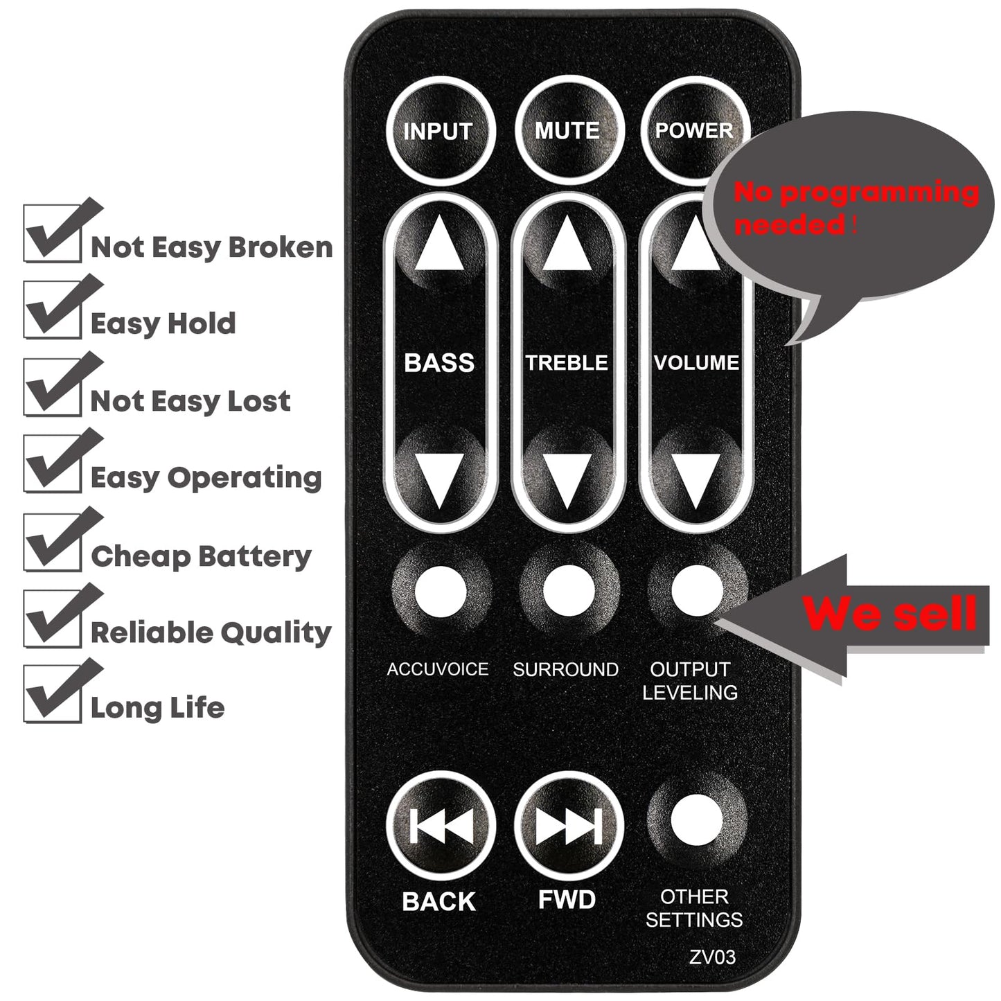 Replacement Remote Control for ZVOX SOUNDBASE Z-Base 415 425 430 430HSD 525 550 550HSD 575 575HSD TV Speaker (with Mounting Bracket)
