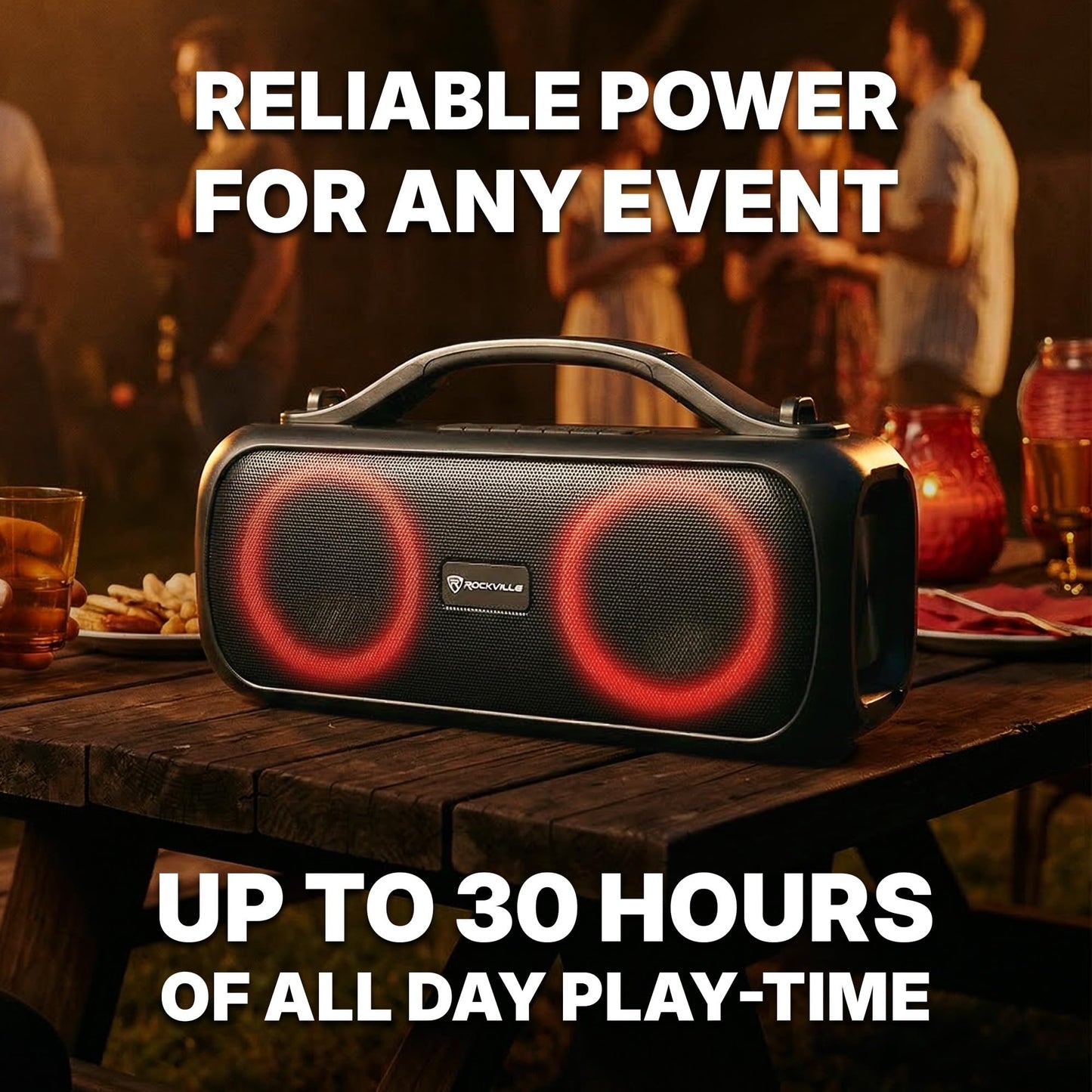 Rockville Go Party D4 30W Portable LED Bluetooth Speaker, Deep Bass, IPX5 Water Resistant, TWS Linking, Long Battery Life, Perfect for Parties