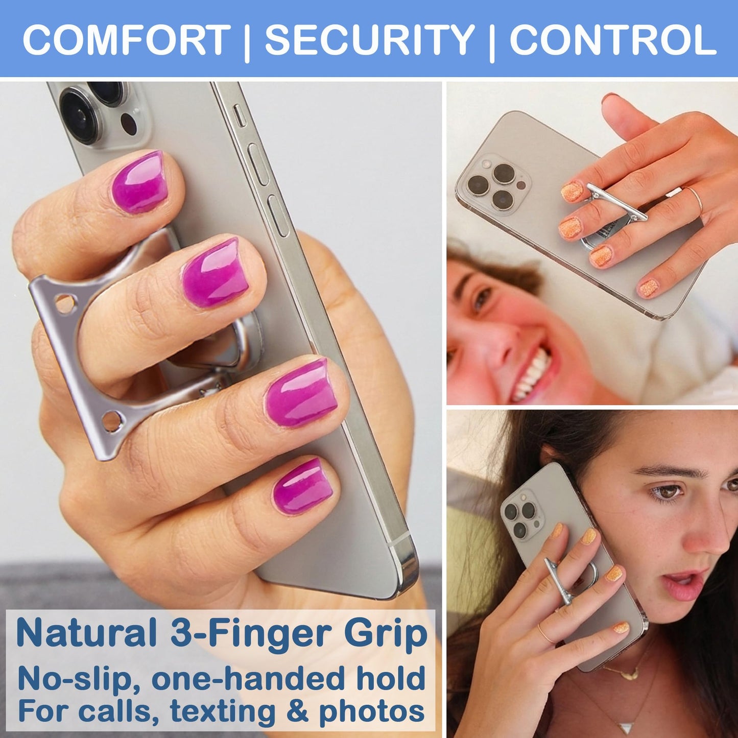 Mobi Handle: Patented 3-Finger Phone Grip & Stand - Comfortable & Secure Loop Holder for iPhone & Android - Ultra-Slim Zinc Alloy - Magnetic Mount