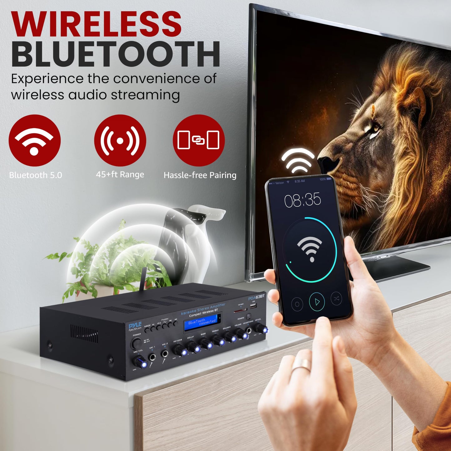Pyle Wireless BT Stereo Amplifier - Multi Channel, 200 Watt Power, Home Audio Receiver System with FM Radio, BT, USB SD, AUX, RCA, Mic-in, BT and FM