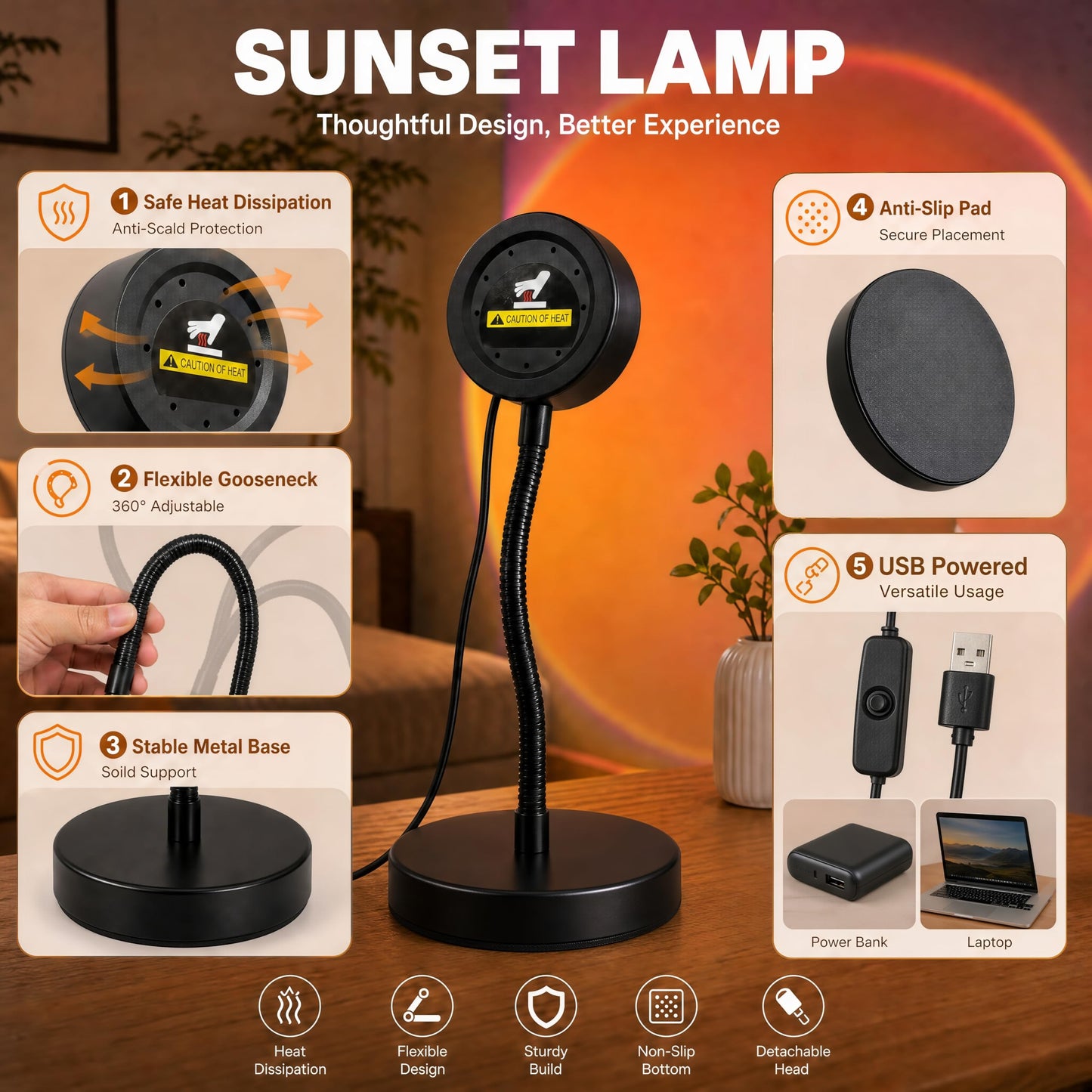 QUIGO Sunset Lamp Projector Led Lights for Bedroom Night Light RGB Lights Sun Sunlight Sunrise Lamp 10w 360 Rotation Rainbow Projection Room Decor