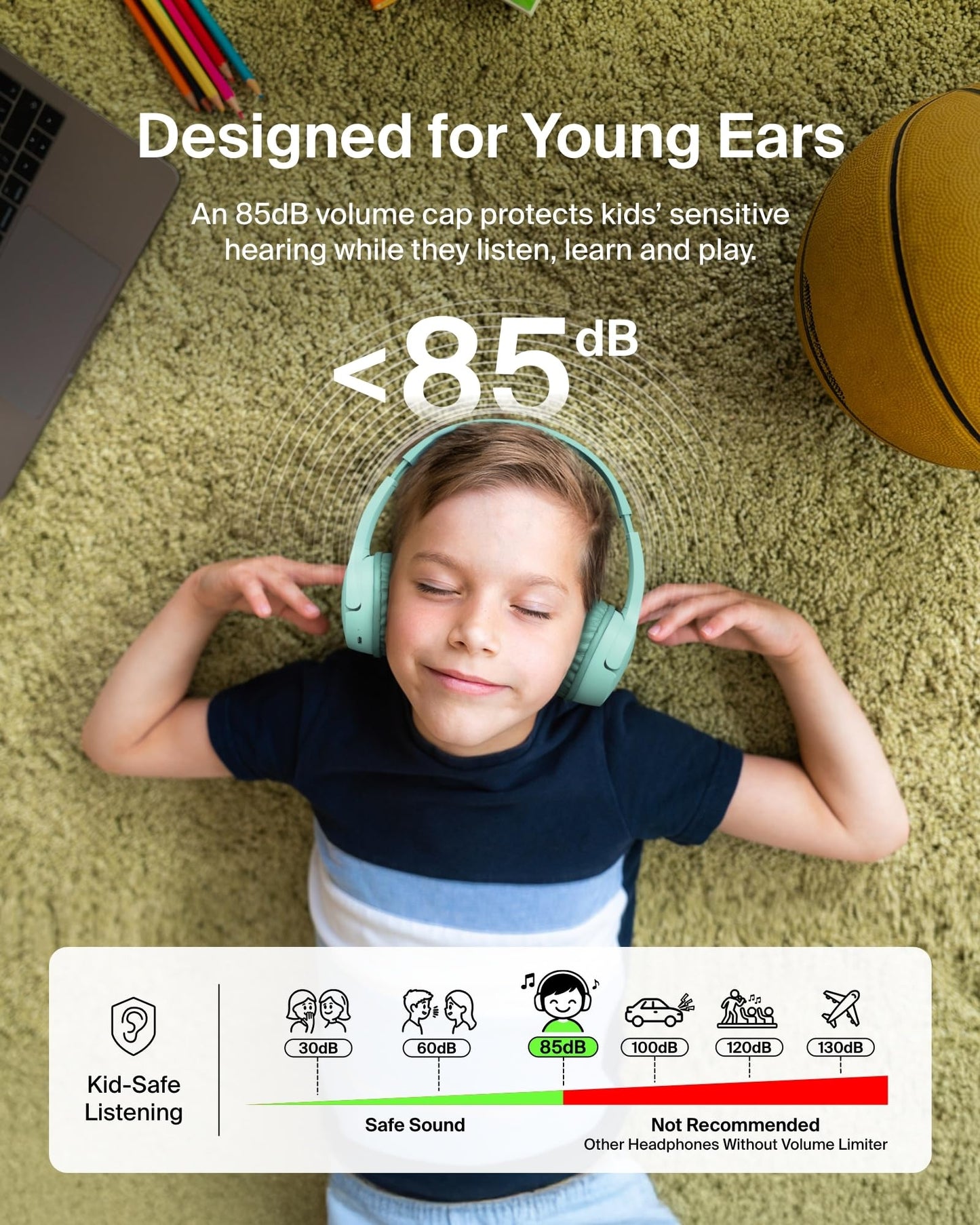 Belkin SoundForm Mini Bluetooth Kids Headphones with Case, 30H Battery Life