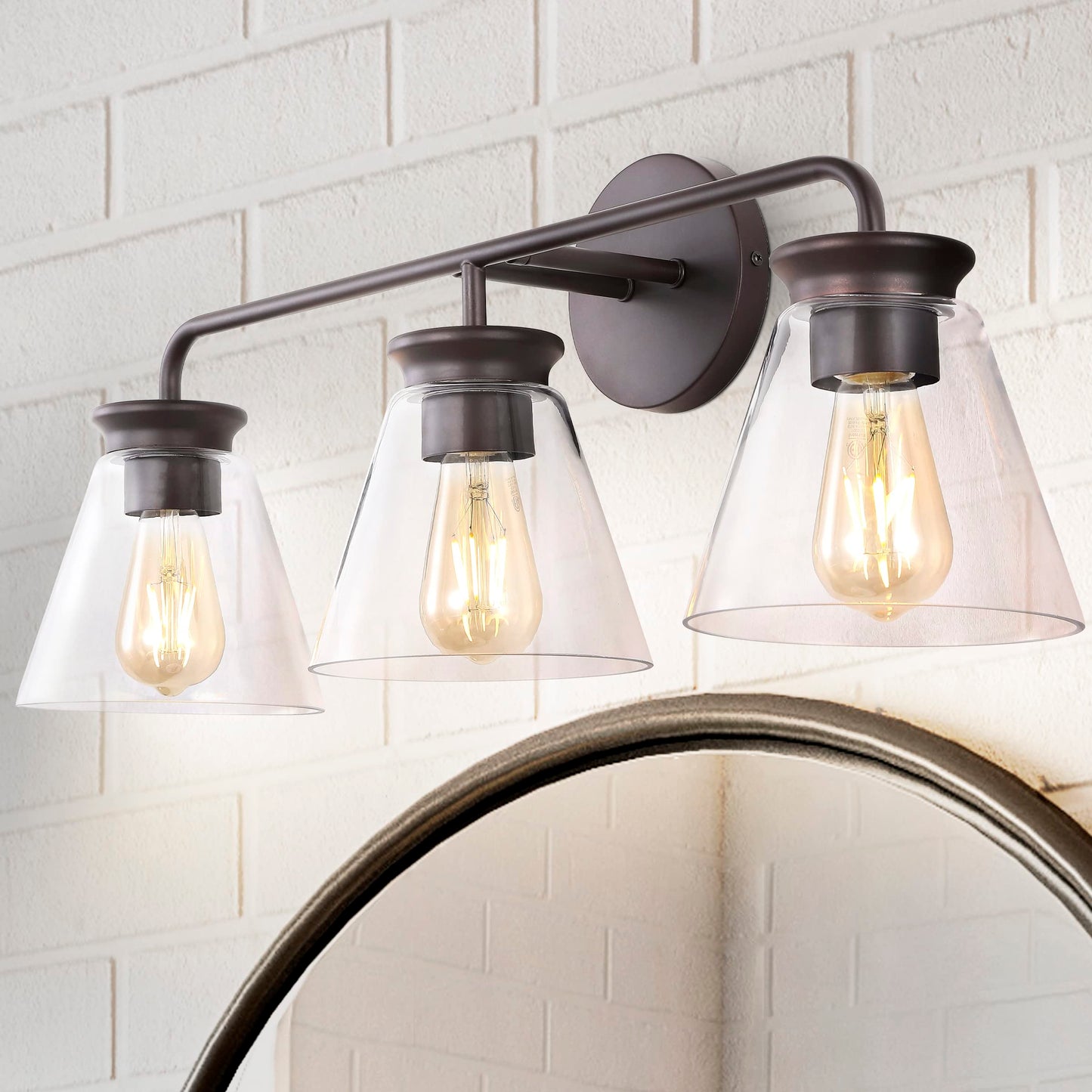 JONATHAN Y 27" Oil Rubbed Bronze/Clear Modern Farmhouse 3-Light LED Vanity Light for Bathroom, Kitchen, Hallway, Clear Glass Shade, Dimmable Edison