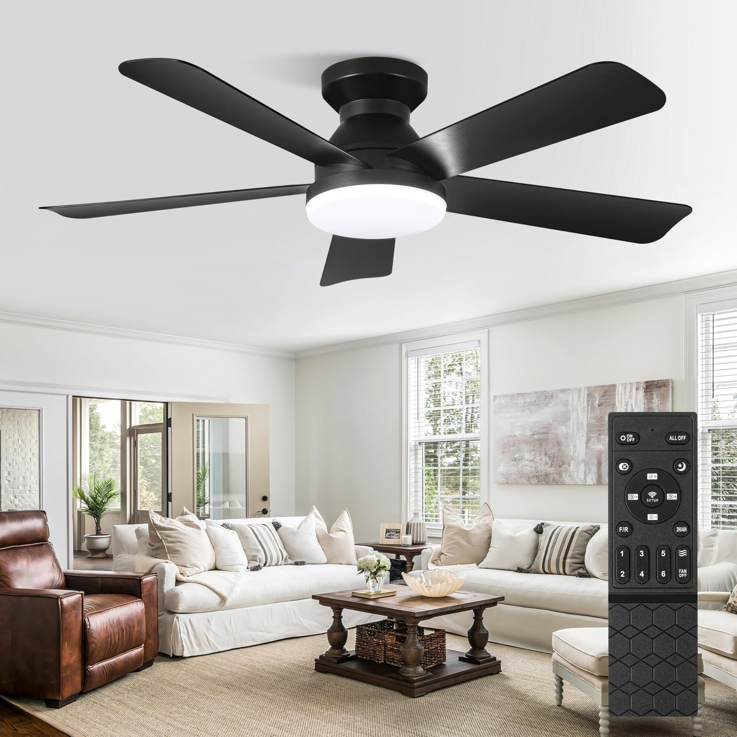 Hywyimlait Black 42Inch Ceiling Fan Light with Remote Control, Flush Mount Installation, Reversible Rotation, 3 Color Temperatures, 2/4H Timer