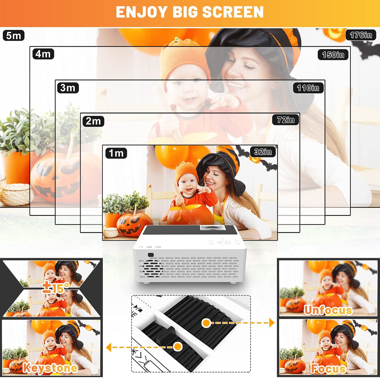 Aokang Projector, Mini Projector 1080P Full HD Supported, Portable Outdoor Movie Projector Compatible with Smartphone,TV Stick, PS4 & X-Box, PC