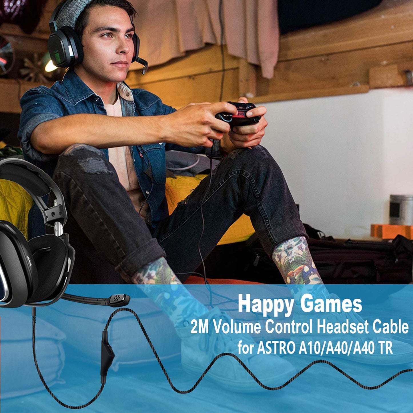 Tonmom Replacement for Astro A40 Cord, A10 Headset Cable Braided Wire, 6.5 Feet/2.0 M Volume Control Cable Compatible with Astro A40TR/A40/A10 Gaming