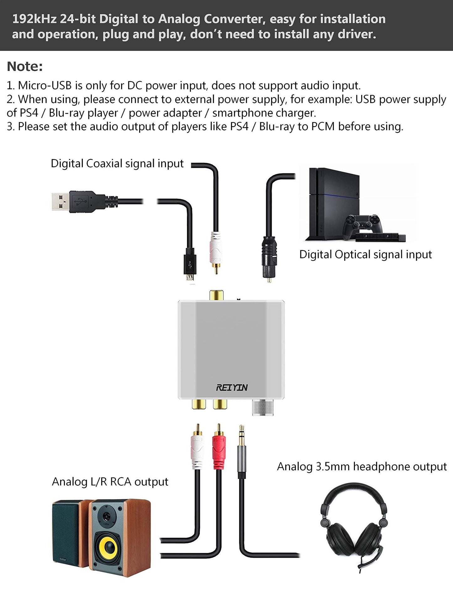 Reiyin DA-01 Digital to Analog Converter DAC Digital Optical Coaxial Toslink to Analog Stereo L/R RCA 3.5mm Audio Adapter with Volume Control for PS3
