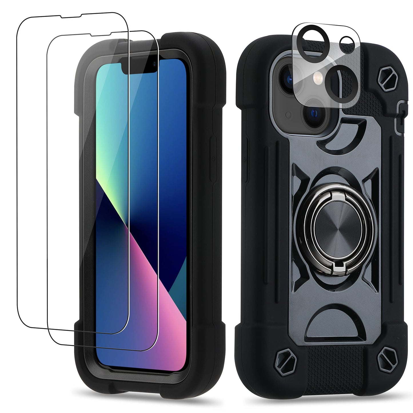 Cookiver for iPhone 13 mini/iPhone 12 mini Case 5.4 Inch with Ring Stand, with 2 Pack Glass Screen Protector + 1 Pack Camera Lens Protector,Heavy-Duty