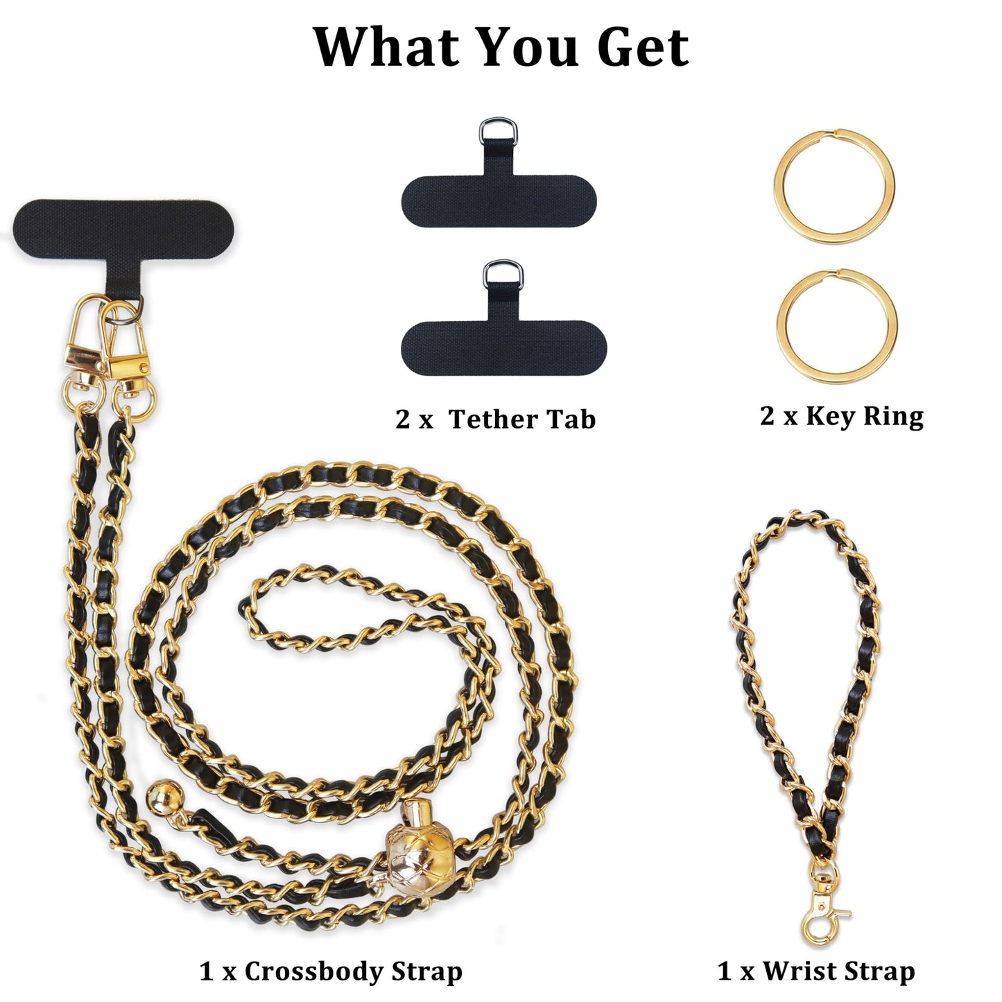 Vxhinqy Universal Crossbody Phone Strap,Metal Cell Phone Chain Leather Anti-Theft Crossbody Lanyard for all smartphone with 1*Wrist Strap?2*Tether
