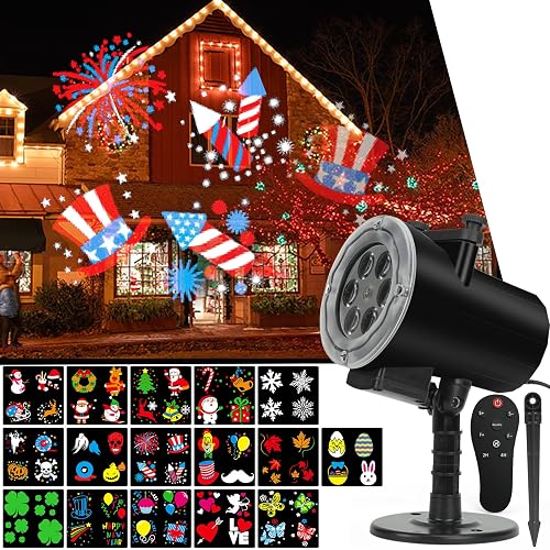 4th of July Projector,Christmas Halloween Lights Projector,Waterproof Indoor Remote Control LED Projector Lights,16 Slides Holiday Light Party Outdoor