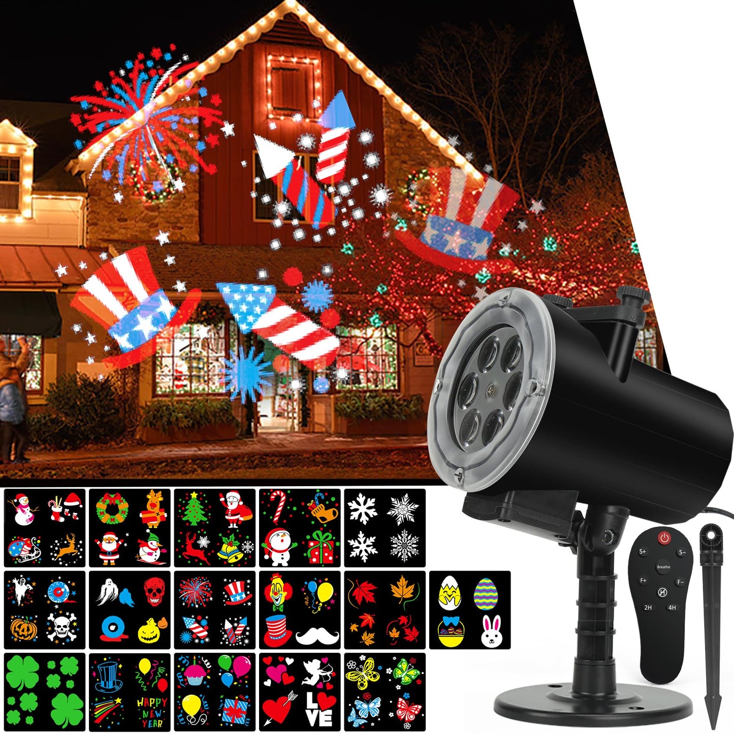 4th of July Projector,Christmas Halloween Lights Projector,Waterproof Indoor Remote Control LED Projector Lights,16 Slides Holiday Light Party Outdoor