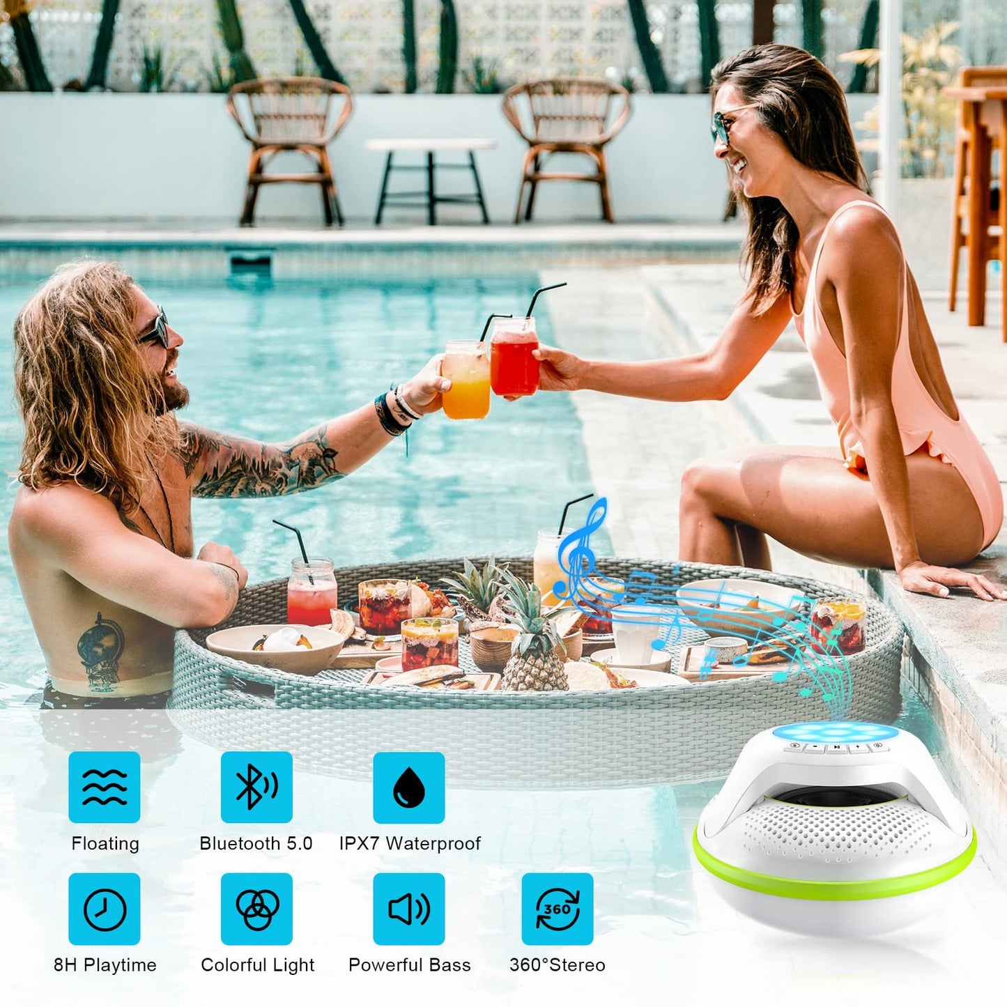 Portable Bluetooth Speakers,Wireless Floating Speaker Stereo with Waterproof IPX7 and Colorful LED Light,10 Meters Bluetooth Range Shower Speaker