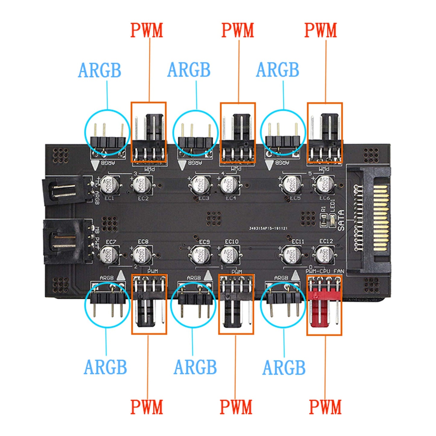 12V 4Pin PWM & 5V 3Pin ARGB with SATA 15Pin Power 2-in-1 Hub 6 Way Sync CPU Cooling Fan Addressable RGB Lighting PCB Splitter for Extended Motherboard