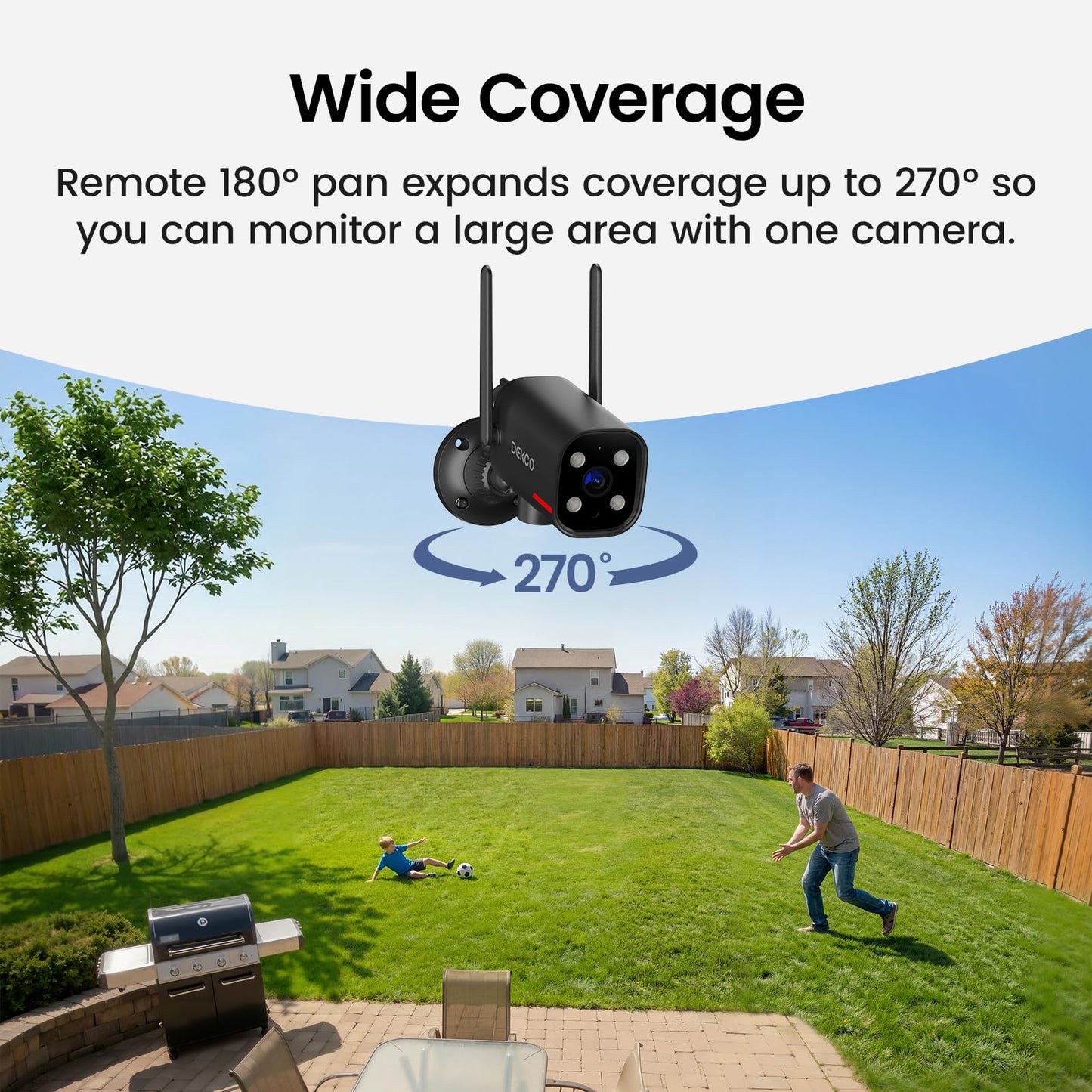 DEKCO Wired 2K Security Camera Outdoor, 180° Pan & 270° Coverage, 24/7 Constant Power Surveillance, Full Color Night Vision, AI Human Detection, Cloud