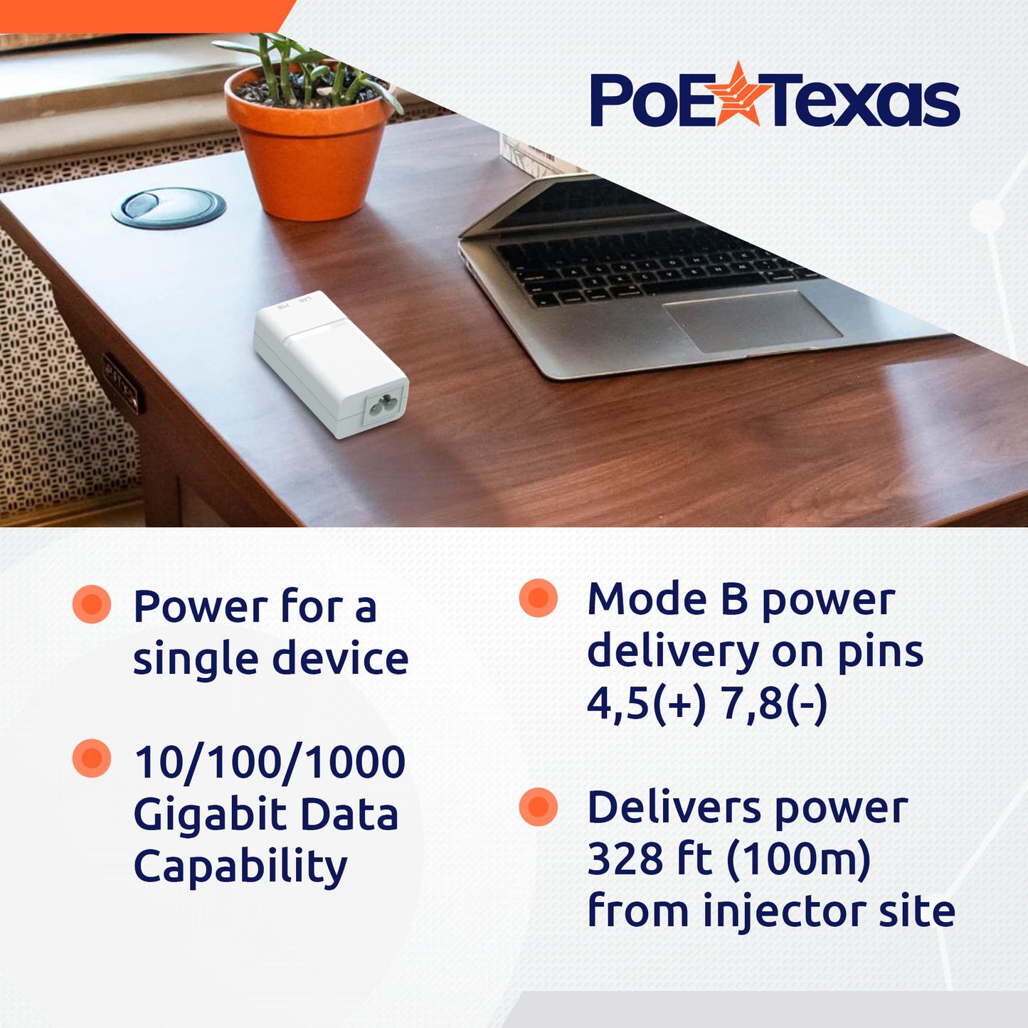 Poe Texas PoE Injector - Single Port Power Over Ethernet Passive PoE Adapter - 10/100/1000 Gigabit Data with Integrated 48V 15W Power Supply - Plug