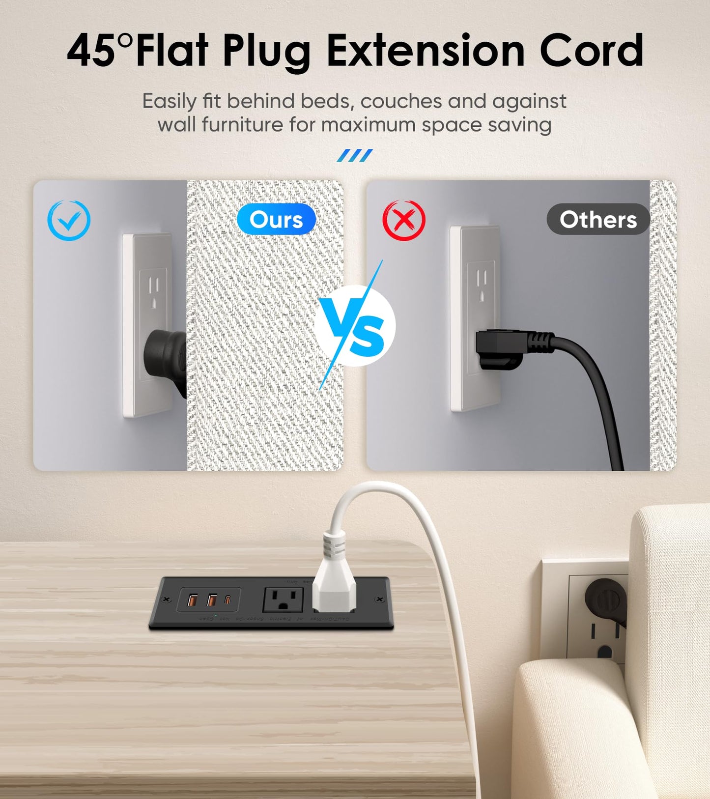 Recessed Power Strip, Flush Mounted Drawer Outlet with PD 20W Fast Charging USB-C Ports, Recessed Outlet for Conference Rooms, Office Tables