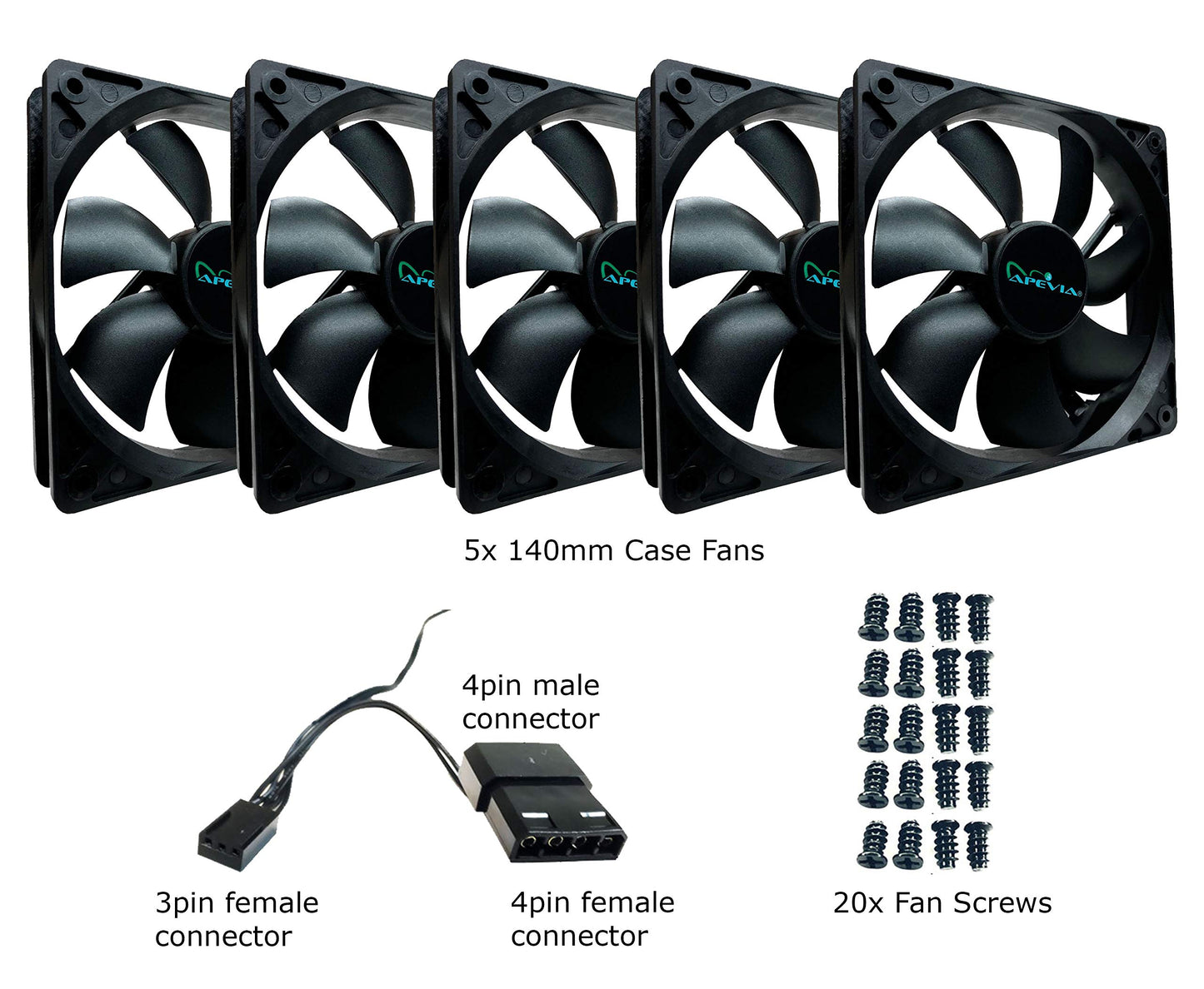 APEVIA CF514S-BK 140mm 4pin Molex & 3pin Motherboard Black Silent Case Fan (5-pk)
