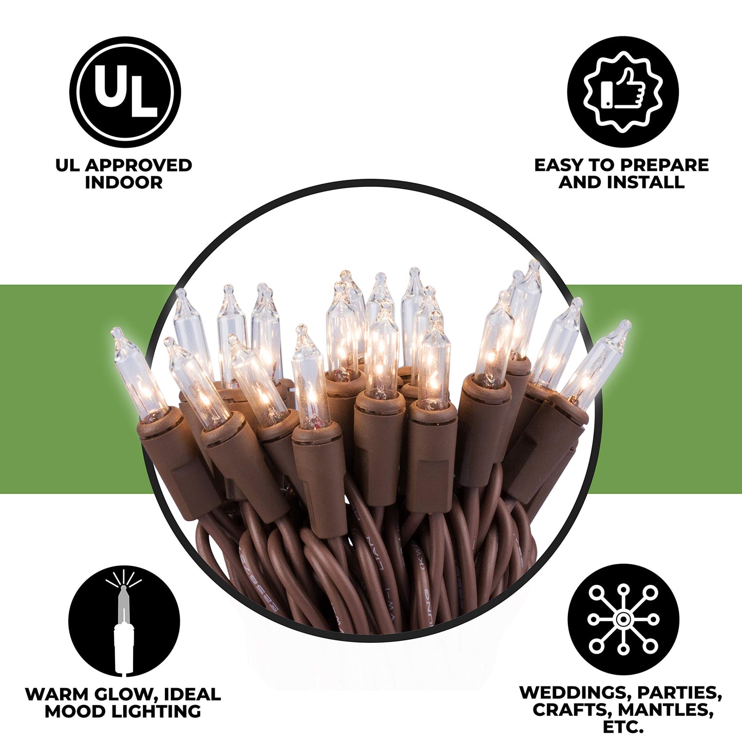 612 Vermont 35 Clear Mini Christmas String Lights on Brown Wire Cord, UL Approved for Indoor Use Only, 9 Foot of Lighted Length, 10 Foot of Total