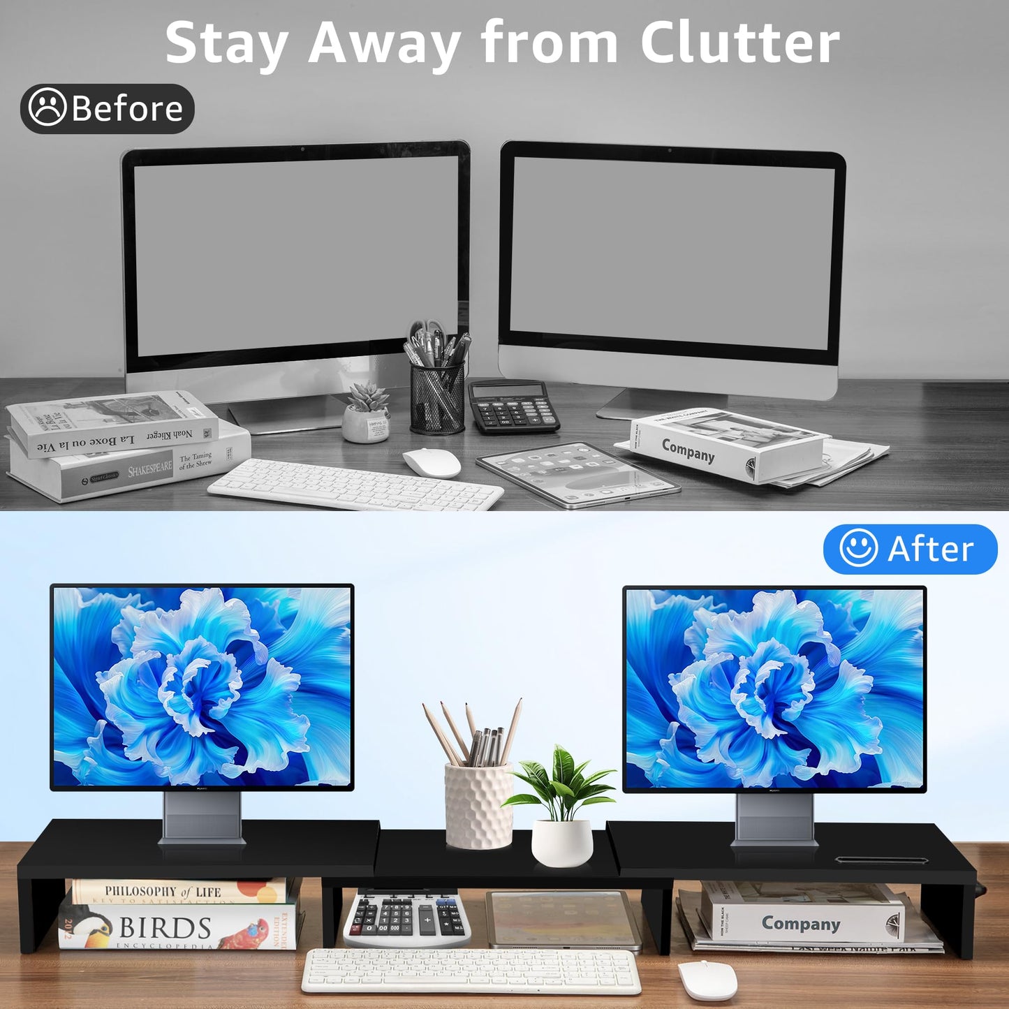 La Jaco Dual Monitor Stand Riser for 2 Monitors, Monitor Stand for Desk, Adjustable Length & Swivel Angle Wooden Desktop Organizer Stand Riser